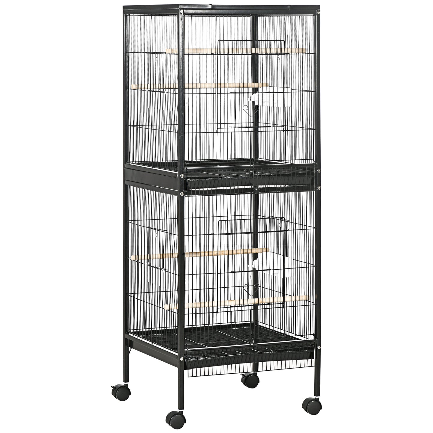 55.1" 2 In 1 Bird Cage Aviary Parakeet House for finches, budgies with Wheels, Slide-out Trays, Wood Perch, Food Containers, Black