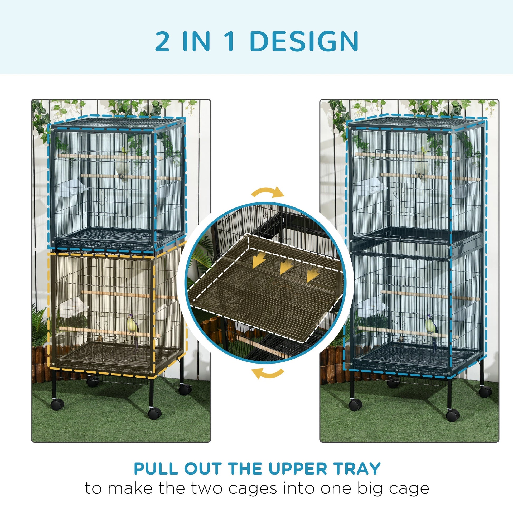 55.1" 2 In 1 Bird Cage Aviary Parakeet House for finches, budgies with Wheels, Slide-out Trays, Wood Perch, Food Containers, Black