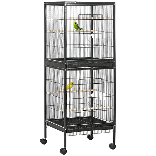 55.1" 2 In 1 Bird Cage Aviary Parakeet House for finches, budgies with Wheels, Slide-out Trays, Wood Perch, Food Containers, Black