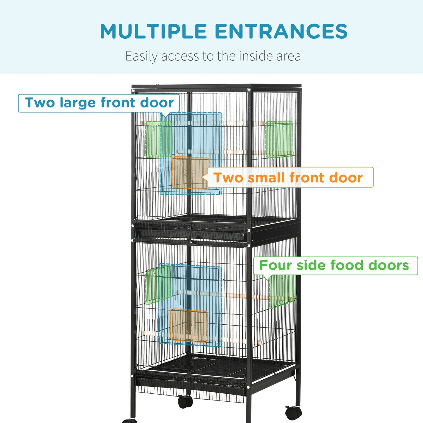 55.1" 2 In 1 Bird Cage Aviary Parakeet House for finches, budgies with Wheels, Slide-out Trays, Wood Perch, Food Containers, Black