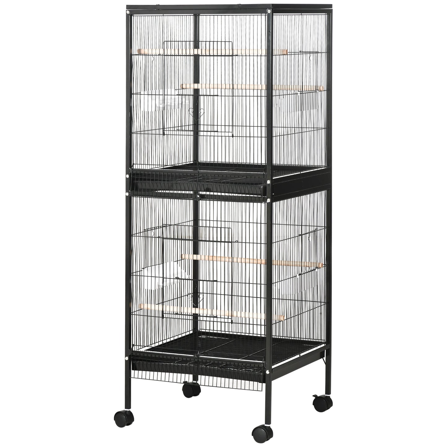55.1" 2 In 1 Bird Cage Aviary Parakeet House for finches, budgies with Wheels, Slide-out Trays, Wood Perch, Food Containers, Black