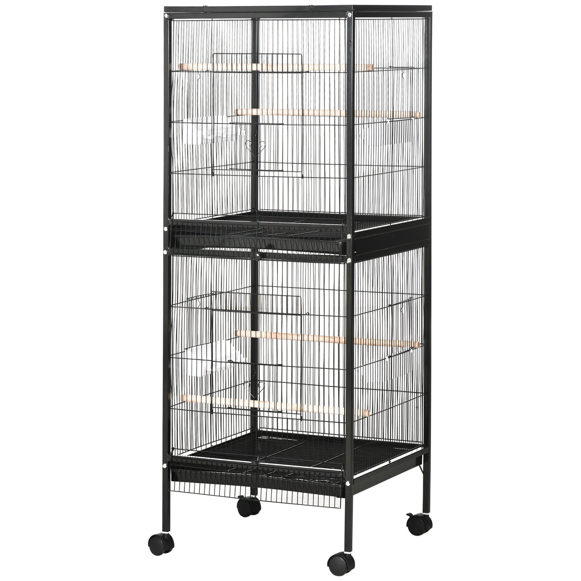 55.1" 2 In 1 Bird Cage Aviary Parakeet House for finches, budgies with Wheels, Slide-out Trays, Wood Perch, Food Containers, Black