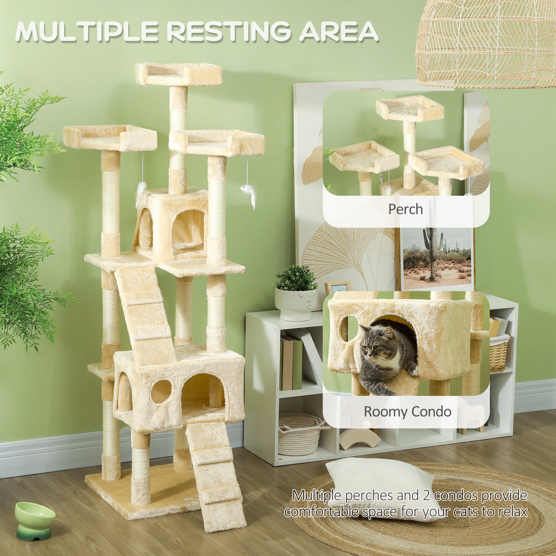 68 inches Cat Tree, Multi-Level Large Cat Tower Condo with Scratching Posts, Perches, Cat Houses, Dangling Toy, Beige