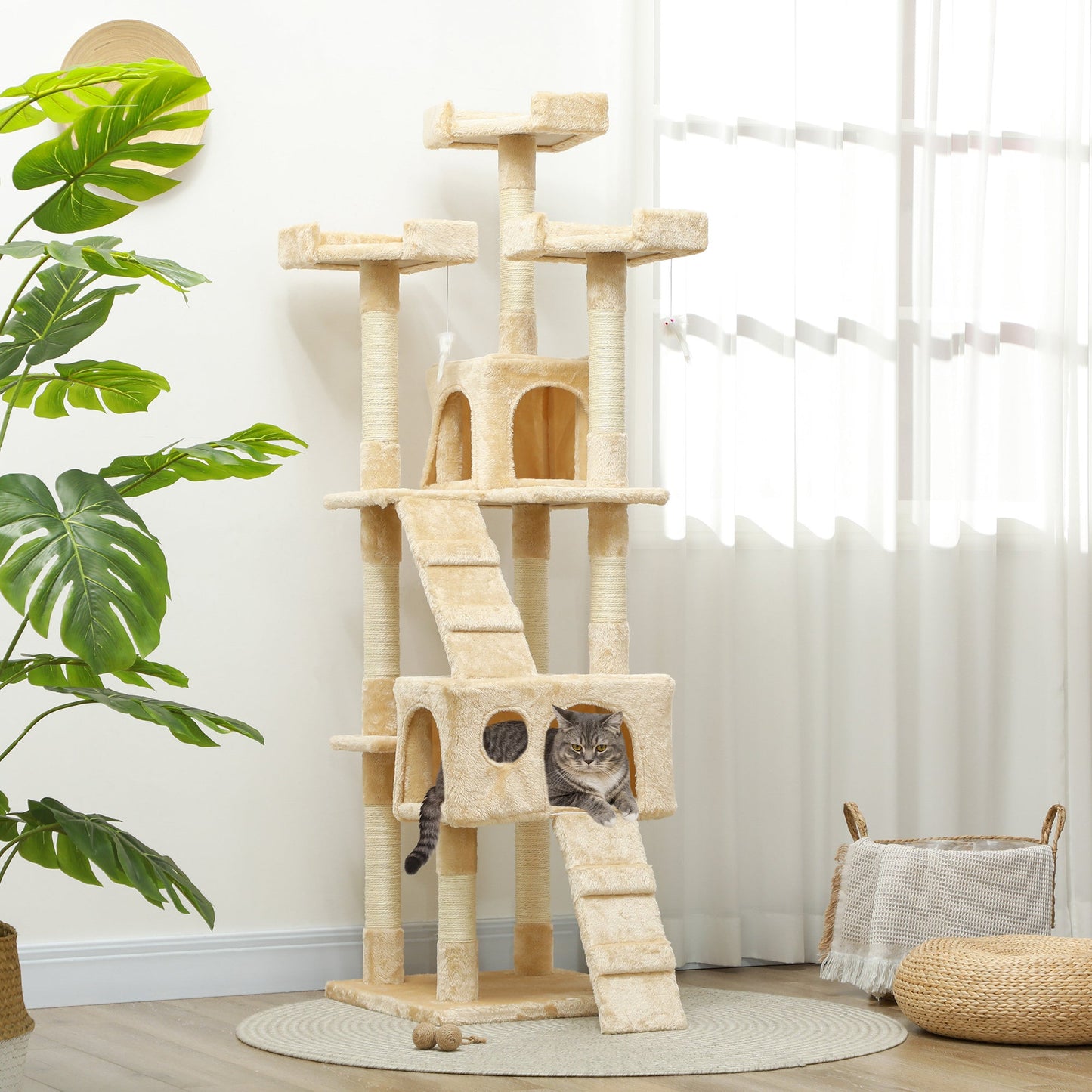 68 inches Cat Tree, Multi-Level Large Cat Tower Condo with Scratching Posts, Perches, Cat Houses, Dangling Toy, Beige