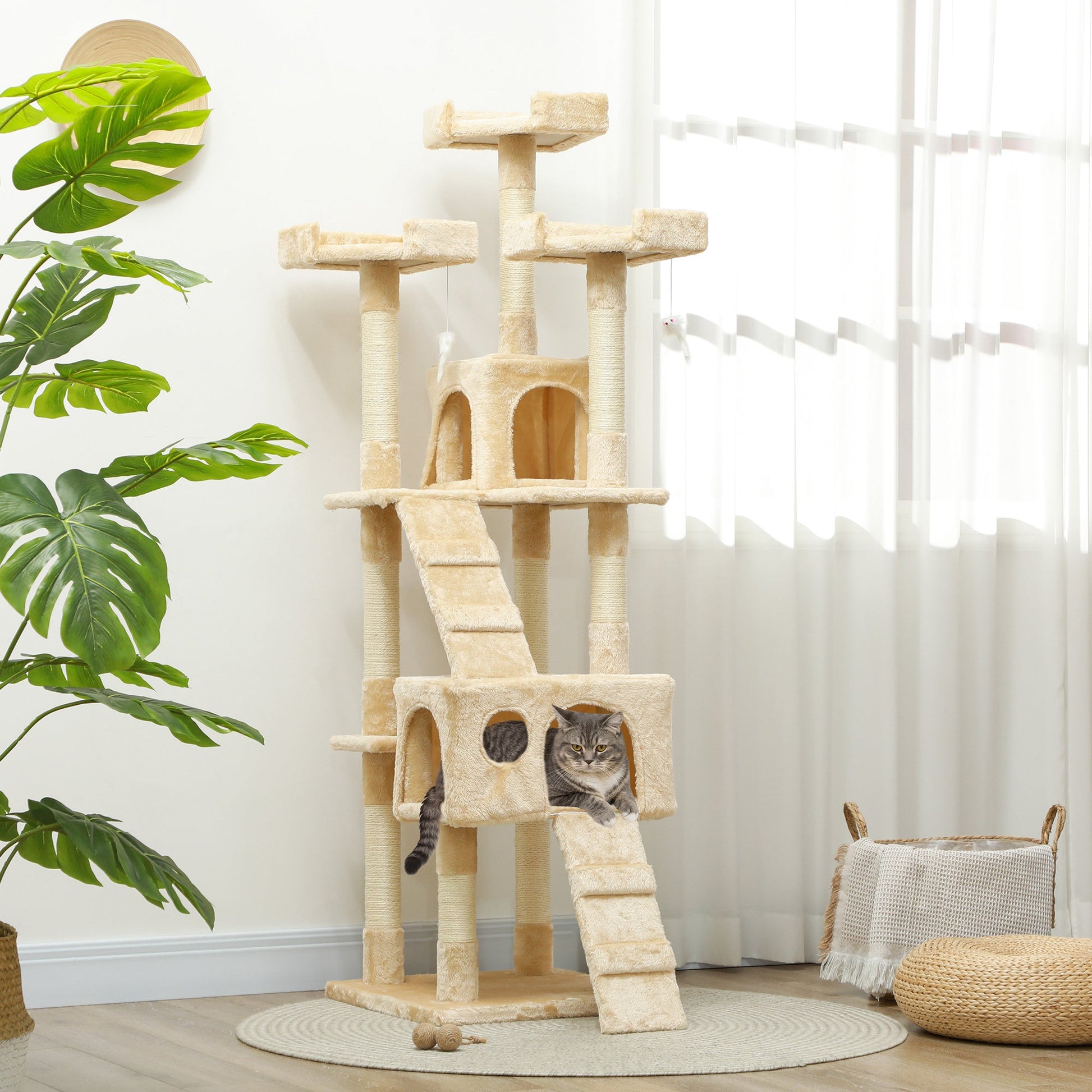 68 inches Cat Tree, Multi-Level Large Cat Tower Condo with Scratching Posts, Perches, Cat Houses, Dangling Toy, Beige