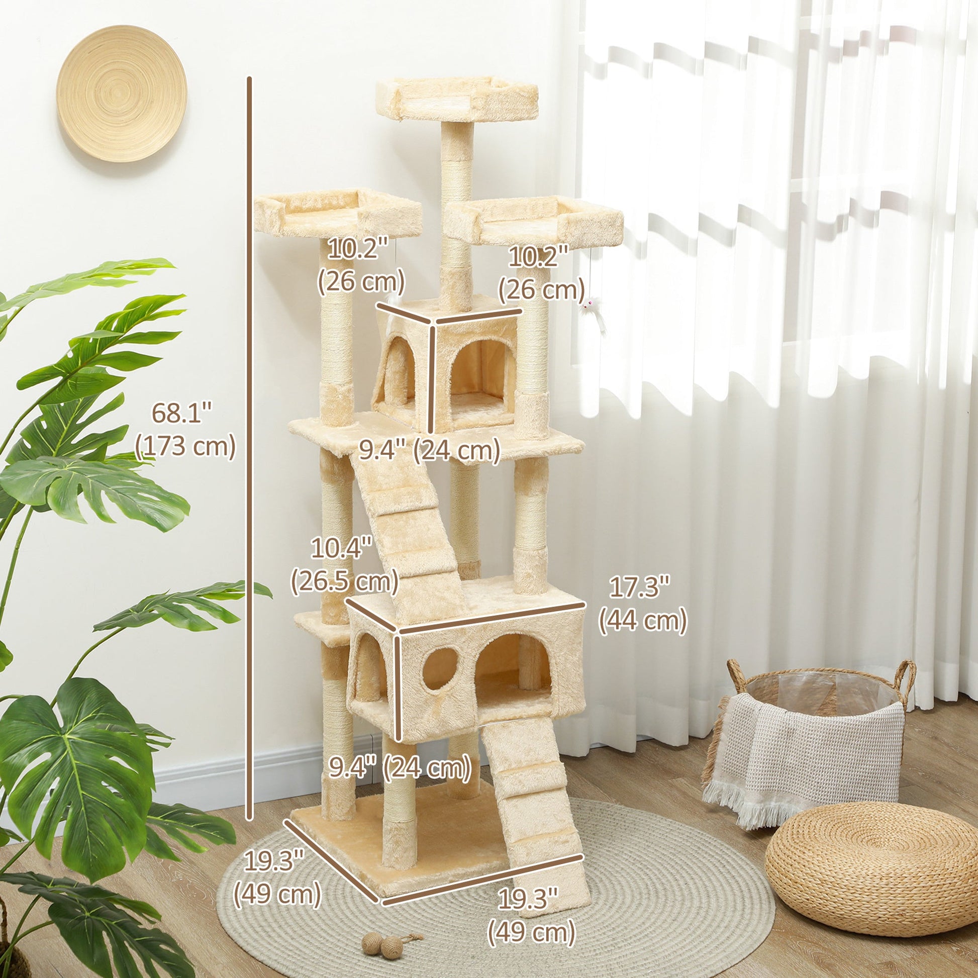 68 inches Cat Tree, Multi-Level Large Cat Tower Condo with Scratching Posts, Perches, Cat Houses, Dangling Toy, Beige