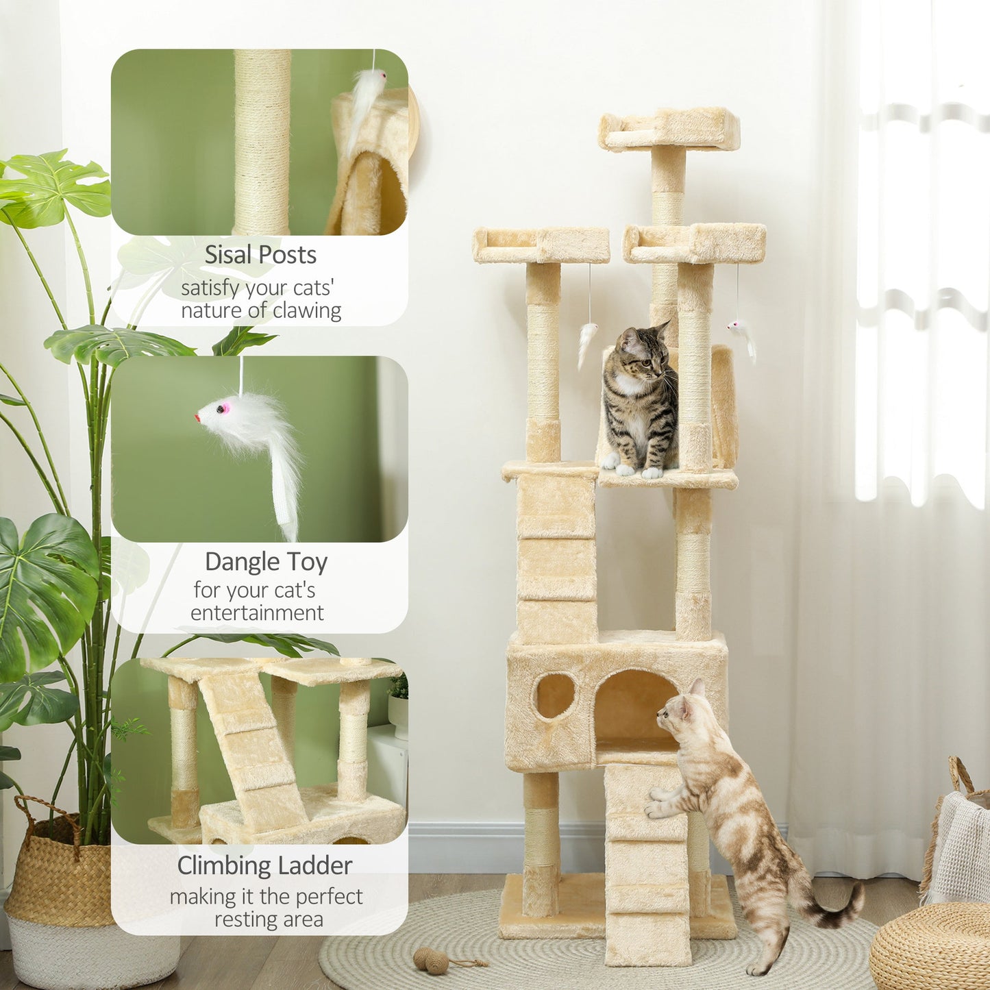 68 inches Cat Tree, Multi-Level Large Cat Tower Condo with Scratching Posts, Perches, Cat Houses, Dangling Toy, Beige