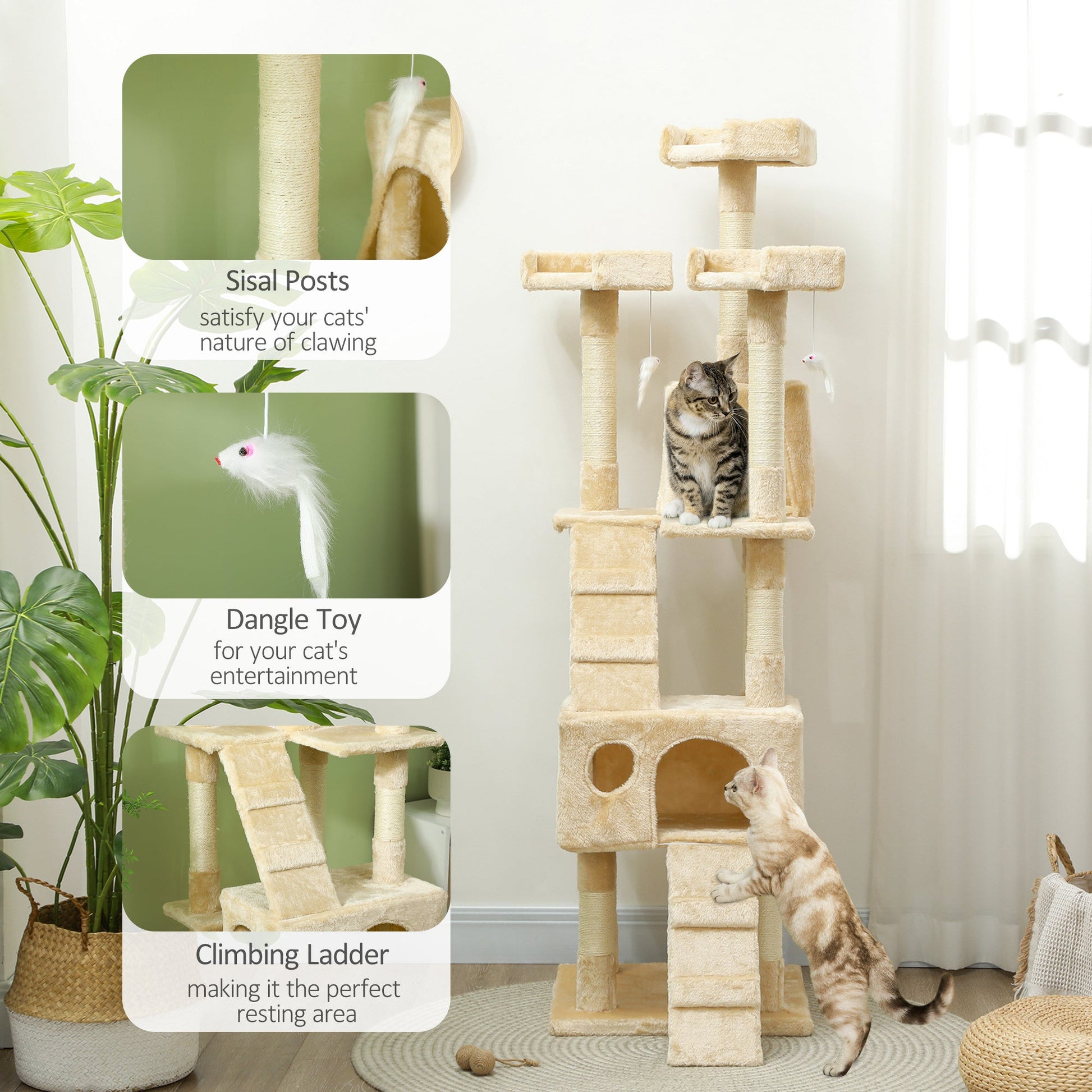 68 inches Cat Tree, Multi-Level Large Cat Tower Condo with Scratching Posts, Perches, Cat Houses, Dangling Toy, Beige