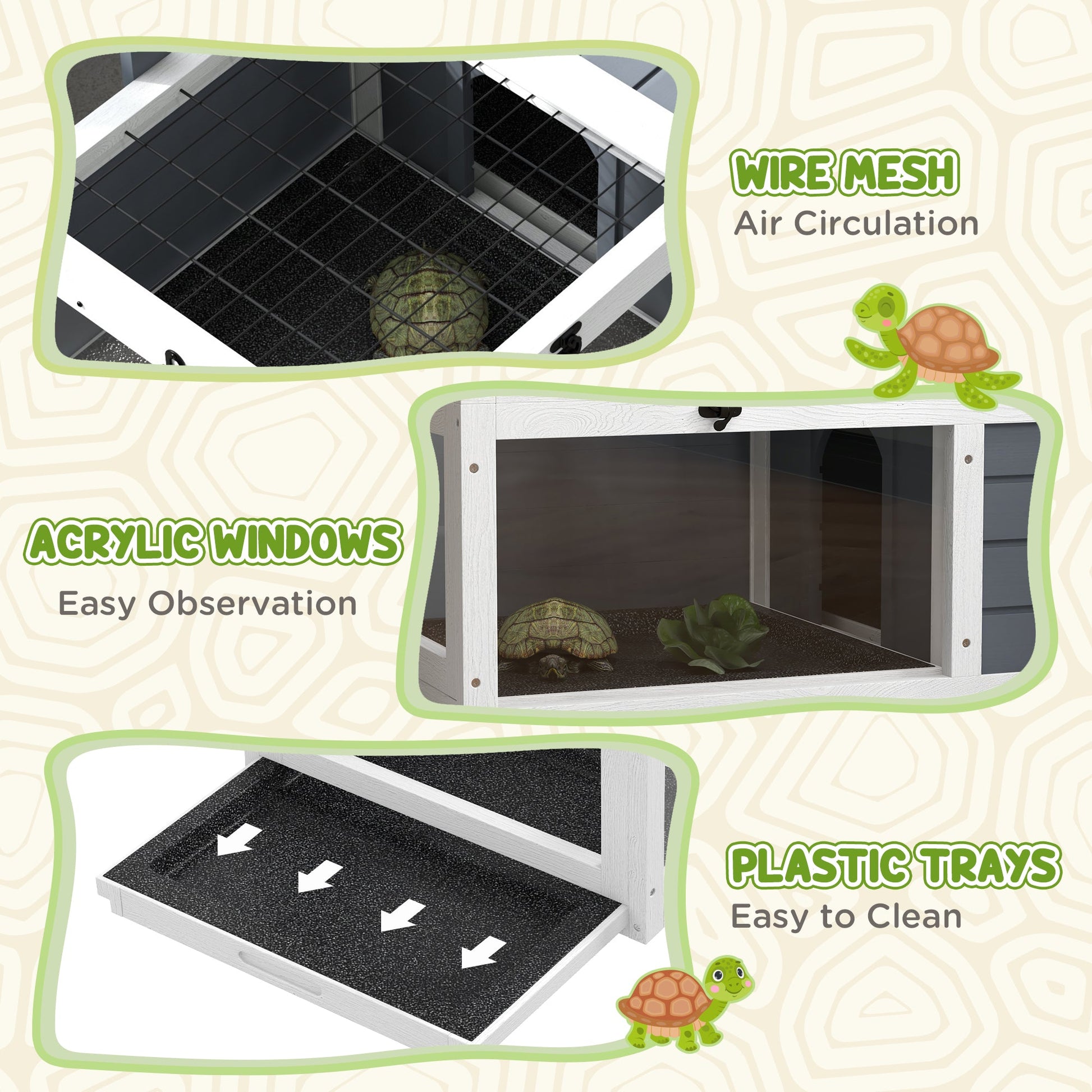 Tortoise House Wooden Tortoise Enclosure Indoor Outdoor Turtle Habitat with Adjustable Lamp Holder, Openable Lids, Pull-out Trays, 32" L x 19" W x 12" H, Grey
