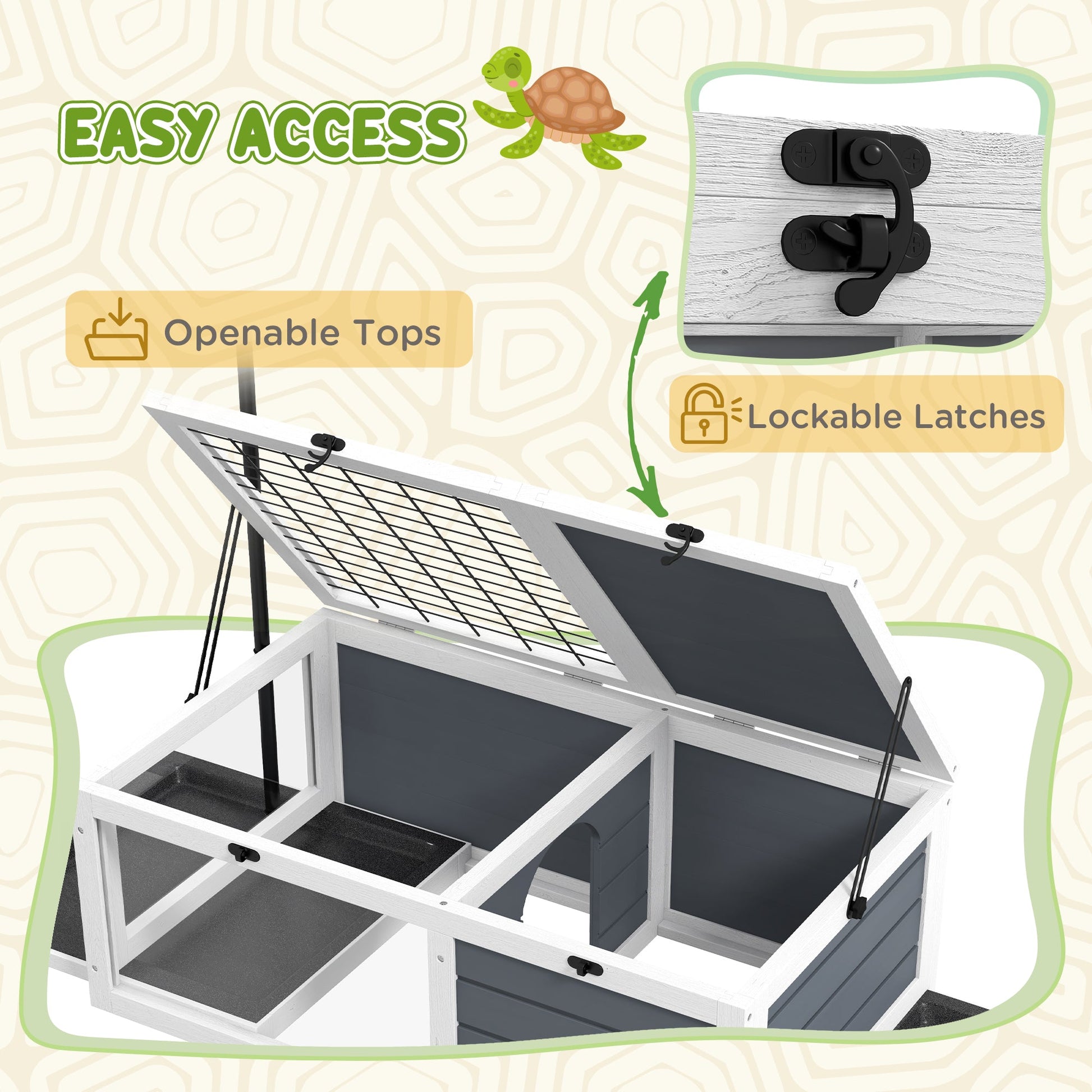 Tortoise House Wooden Tortoise Enclosure Indoor Outdoor Turtle Habitat with Adjustable Lamp Holder, Openable Lids, Pull-out Trays, 32" L x 19" W x 12" H, Grey