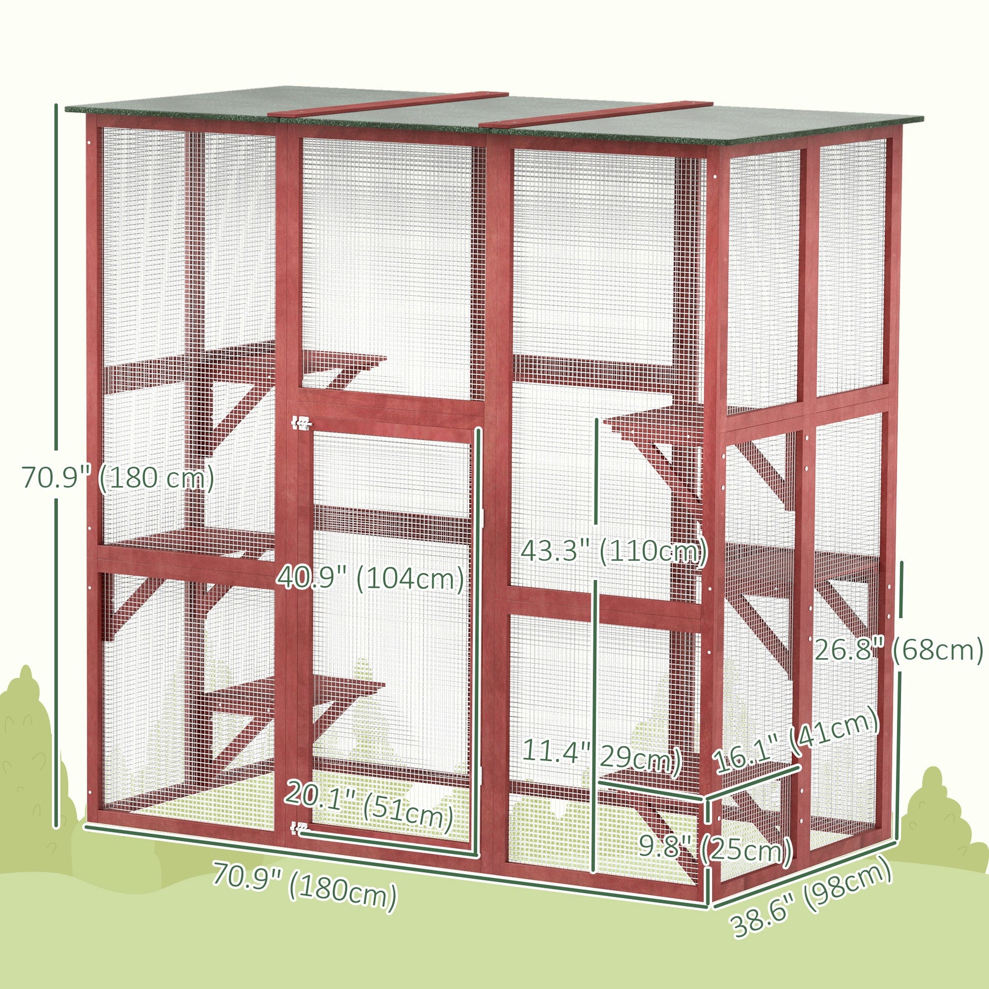Large Outdoor Catio Enclosure, Weatherproof Cat House with Asphalt Roof,  Wooden Cat Patio Cage with 6 Balanced Platforms, 71" x 39" x 71", Wine Red