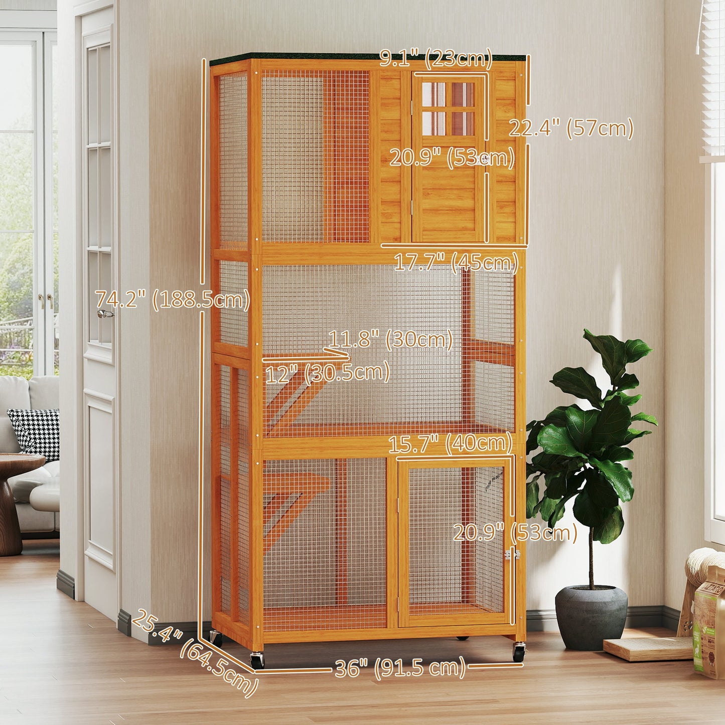 74"H Wooden Catio Cat Enclosure, Indoor Outdoor Kitten House with Weatherproof Asphalt Roof & Brake Wheels, Luxury Kitten Condo Cage for Multiple Cats, Orange