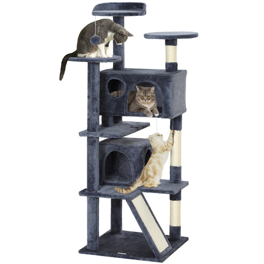 54" Cat Tree, Cat Tower for Indoor Cats with Scratching Posts, Cat Condos, Bed, Platforms, Ramp, Toy Ball, Cat Activity Center, Dark Grey