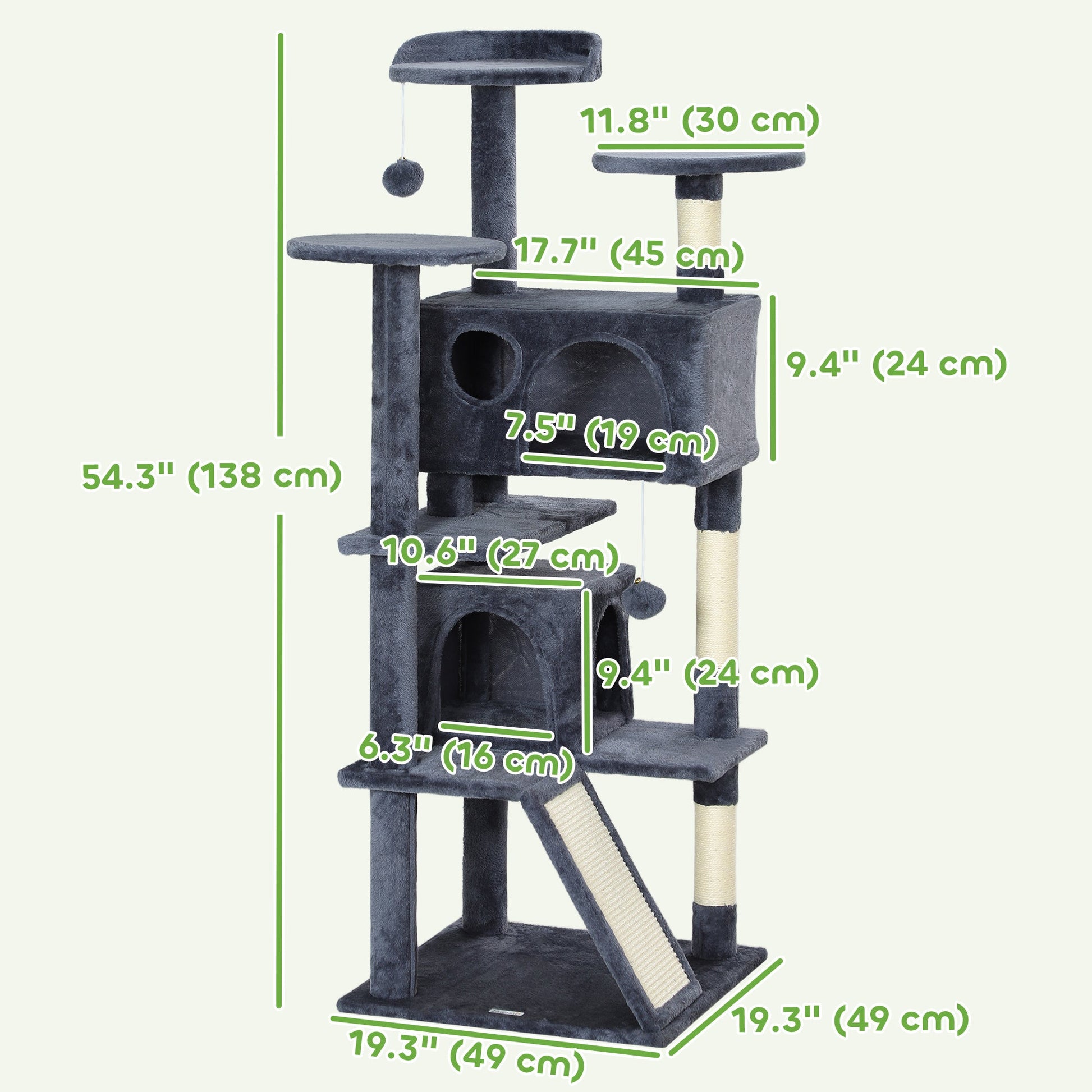 54" Cat Tree, Cat Tower for Indoor Cats with Scratching Posts, Cat Condos, Bed, Platforms, Ramp, Toy Ball, Cat Activity Center, Dark Grey