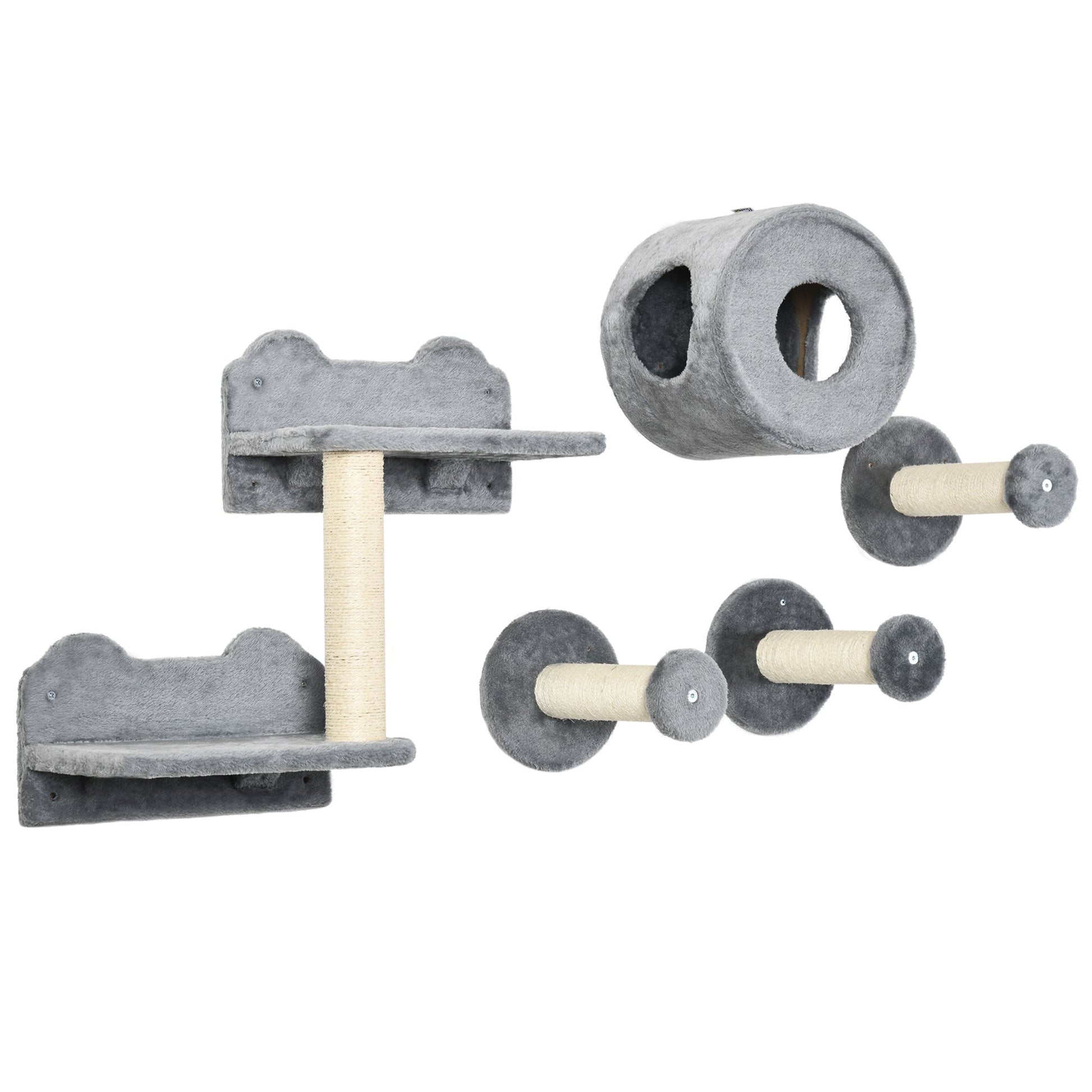 Cat Wall Shelves, 5PCs Cat Shelves with Scratching Post, Perches, Ladder, Steps, Condo, Wall Mounted Cat Climber, Grey