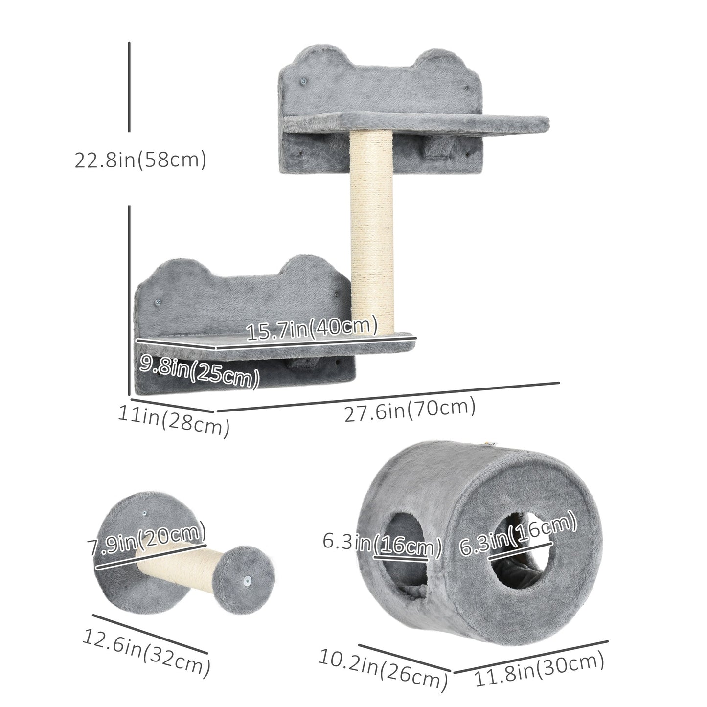 Cat Wall Shelves, 5PCs Cat Shelves with Scratching Post, Perches, Ladder, Steps, Condo, Wall Mounted Cat Climber, Grey