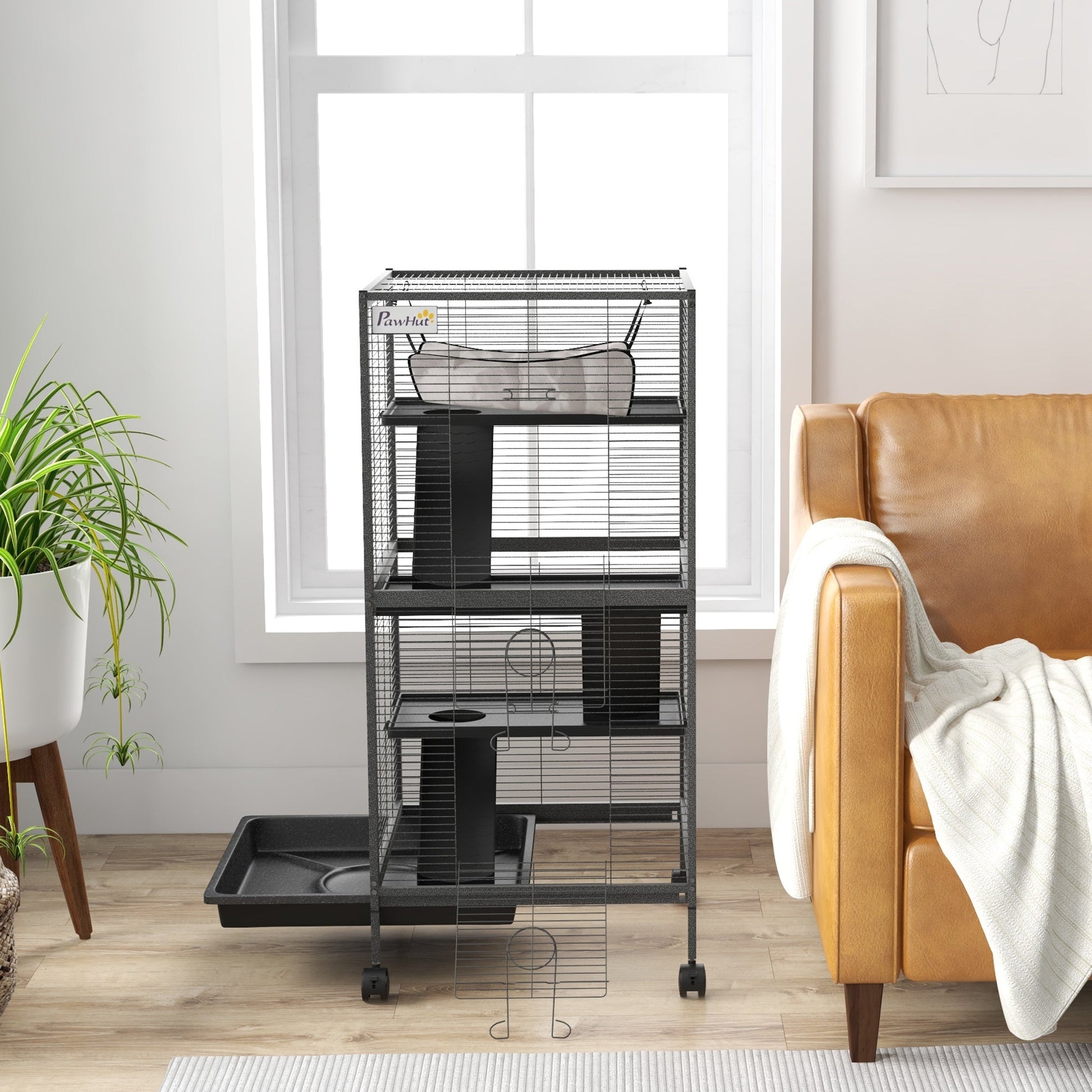 4-Tier Rolling Small Animal Cage, Deluxe Guinea Pig Cage, Ferret Cage for Mink Chinchilla Kitten Rabbit, Small Pet Play House with Hammock Platform, Ramp, Removable Tray, Charcoal Grey