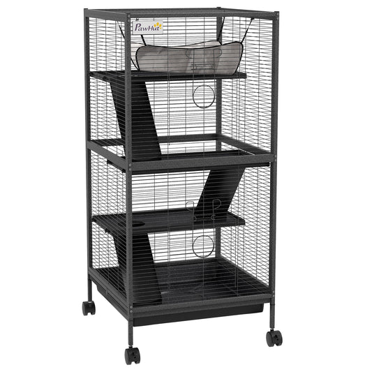 4-Tier Rolling Small Animal Cage, Deluxe Guinea Pig Cage, Ferret Cage for Mink Chinchilla Kitten Rabbit, Small Pet Play House with Hammock Platform, Ramp, Removable Tray, Charcoal Grey