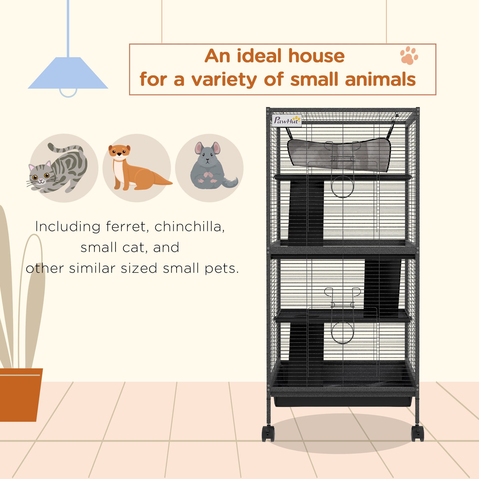 4-Tier Rolling Small Animal Cage, Deluxe Guinea Pig Cage, Ferret Cage for Mink Chinchilla Kitten Rabbit, Small Pet Play House with Hammock Platform, Ramp, Removable Tray, Charcoal Grey