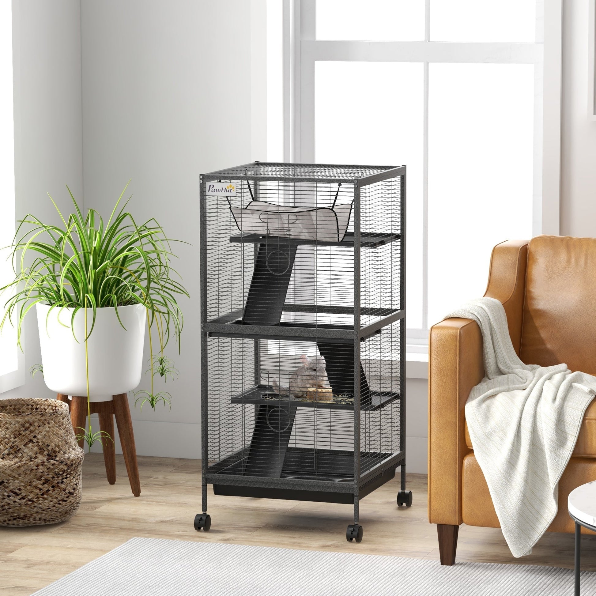 4-Tier Rolling Small Animal Cage, Deluxe Guinea Pig Cage, Ferret Cage for Mink Chinchilla Kitten Rabbit, Small Pet Play House with Hammock Platform, Ramp, Removable Tray, Charcoal Grey