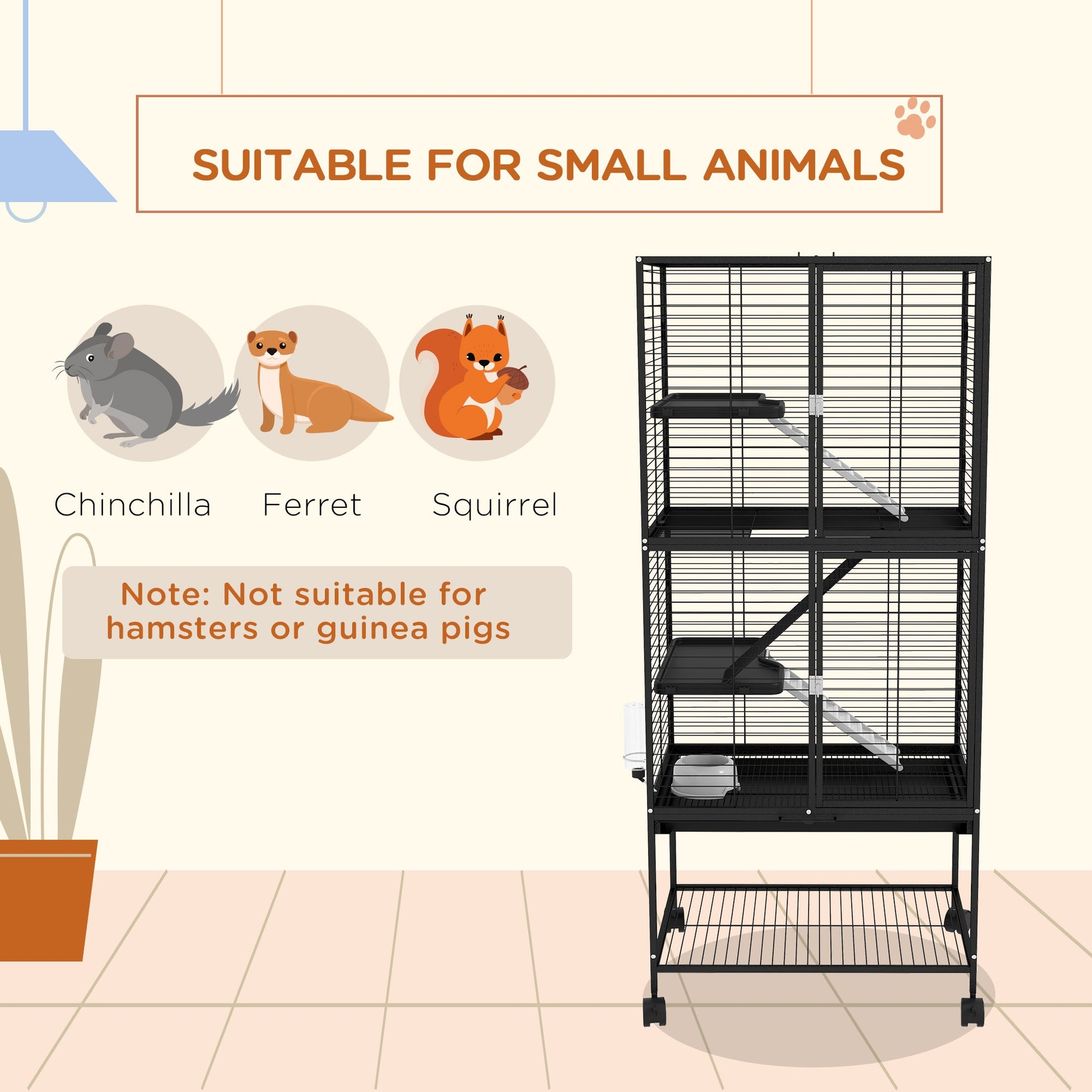 Small Animal Cage with Wheels, Pet Playpen for Rat, Kitten, Ferrets, Chinchillas with Bottom Storage Shelf, Removable Tray, Ramp, 24.2" x 17.9" x 53.5", Black