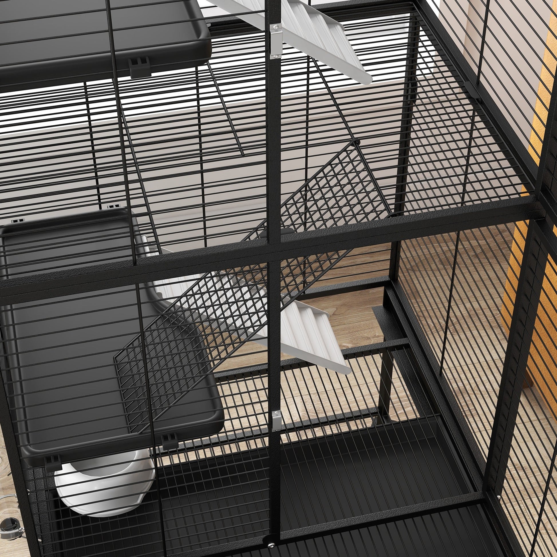 Small Animal Cage with Wheels, Pet Playpen for Rat, Kitten, Ferrets, Chinchillas with Bottom Storage Shelf, Removable Tray, Ramp, 24.2" x 17.9" x 53.5", Black