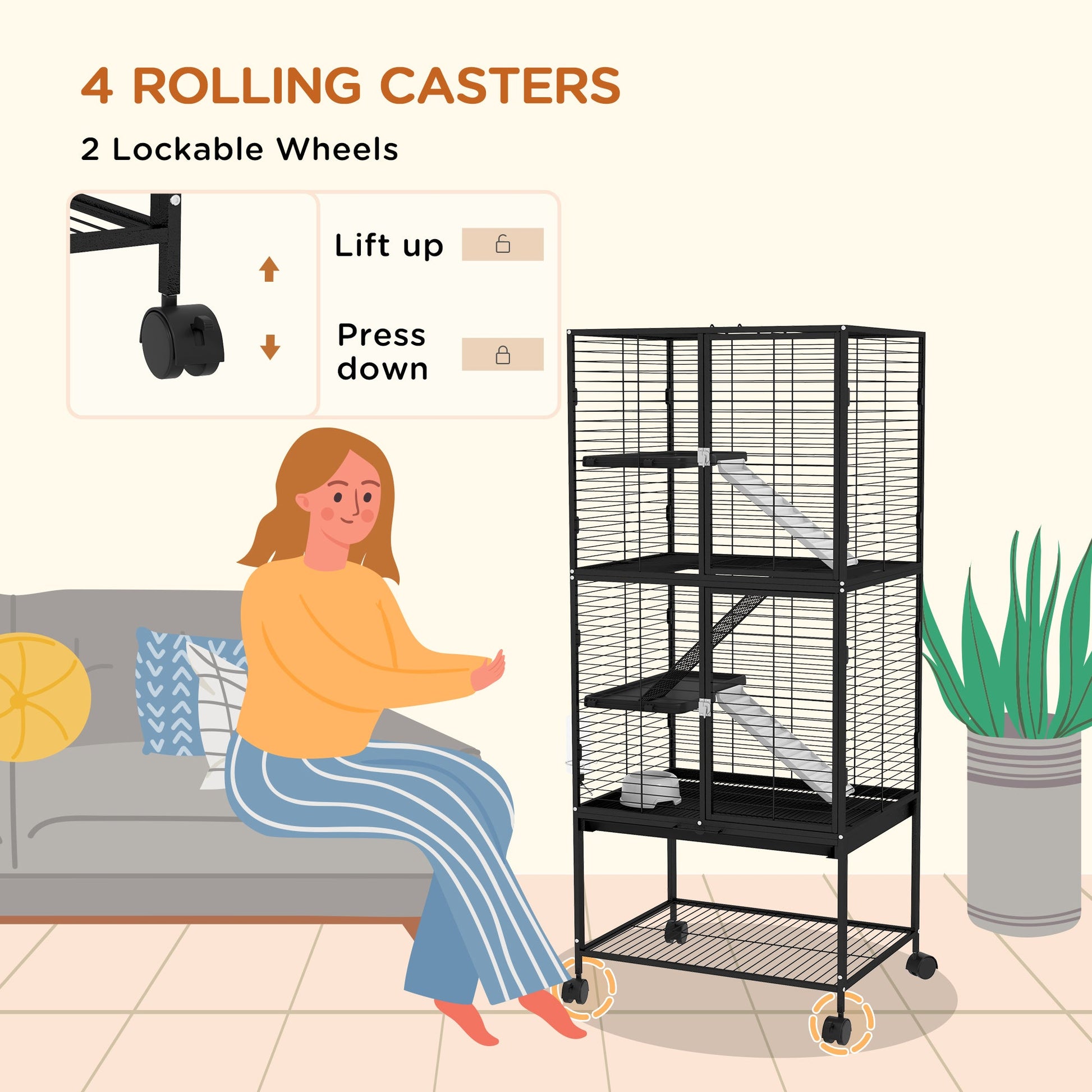 Small Animal Cage with Wheels, Pet Playpen for Rat, Kitten, Ferrets, Chinchillas with Bottom Storage Shelf, Removable Tray, Ramp, 24.2" x 17.9" x 53.5", Black