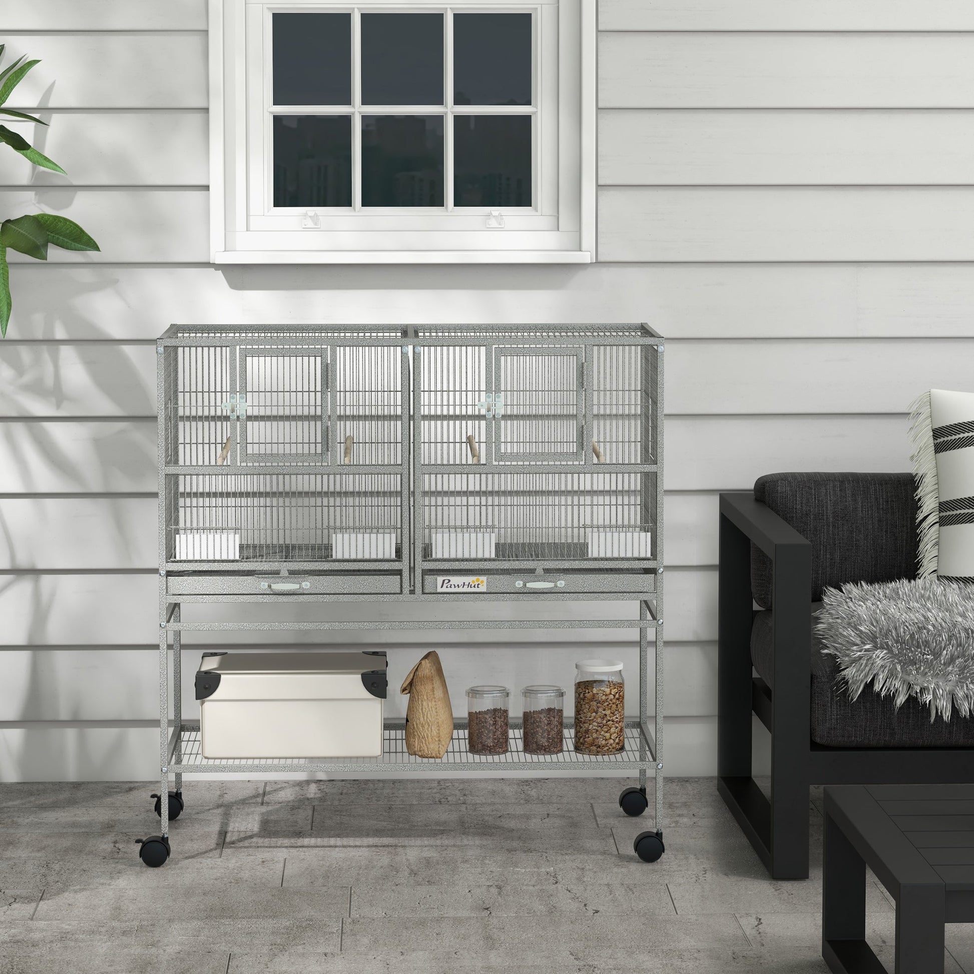 40"H Divided Breeder Bird Cage with Rolling Stand Removable Metal Tray, Storage Shelf, Wood Perch, and Food Container, Light Grey