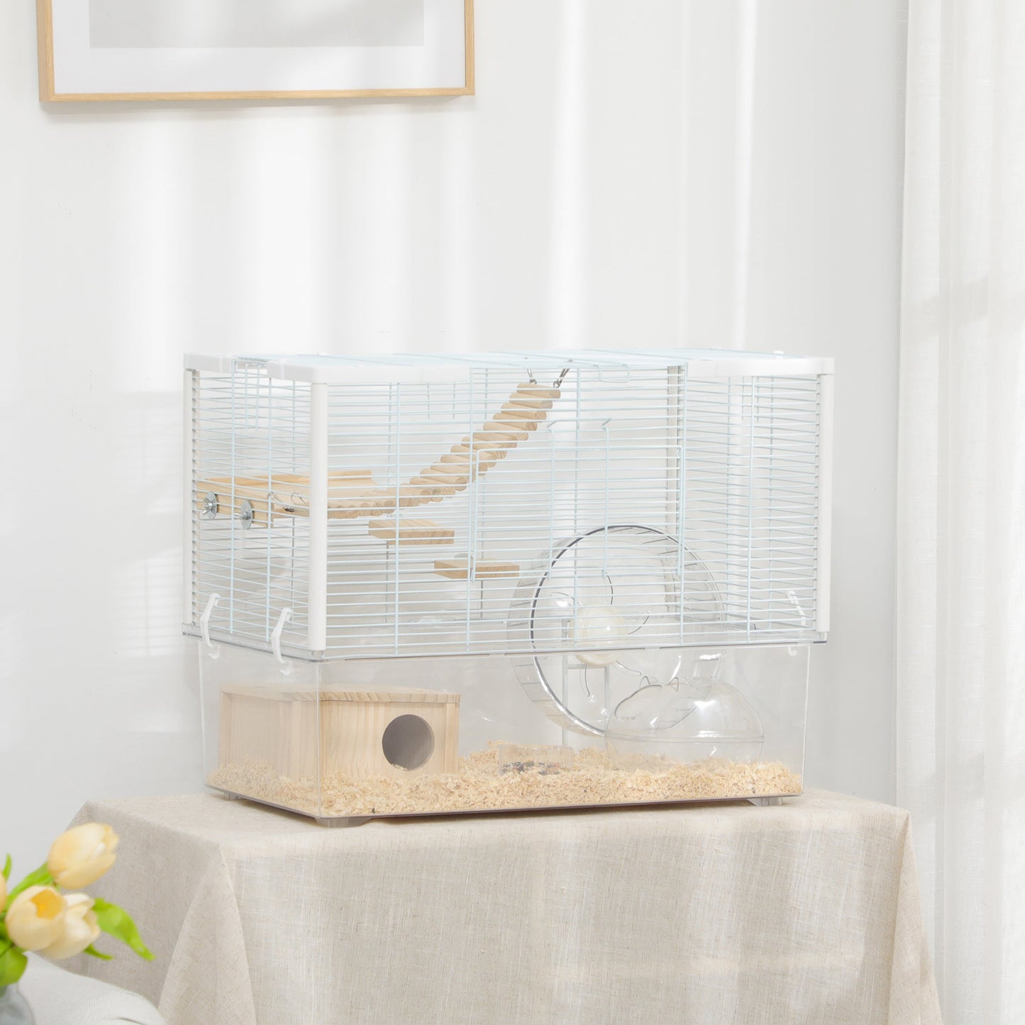 Hamster Cage, Transparent Small Animal House with Deep Bottom, Wooden Ramp, Hut, Bathroom and Exercise Wheel for Hamster and Gerbil, 23.2" L x 14" W x 18.5" H, White