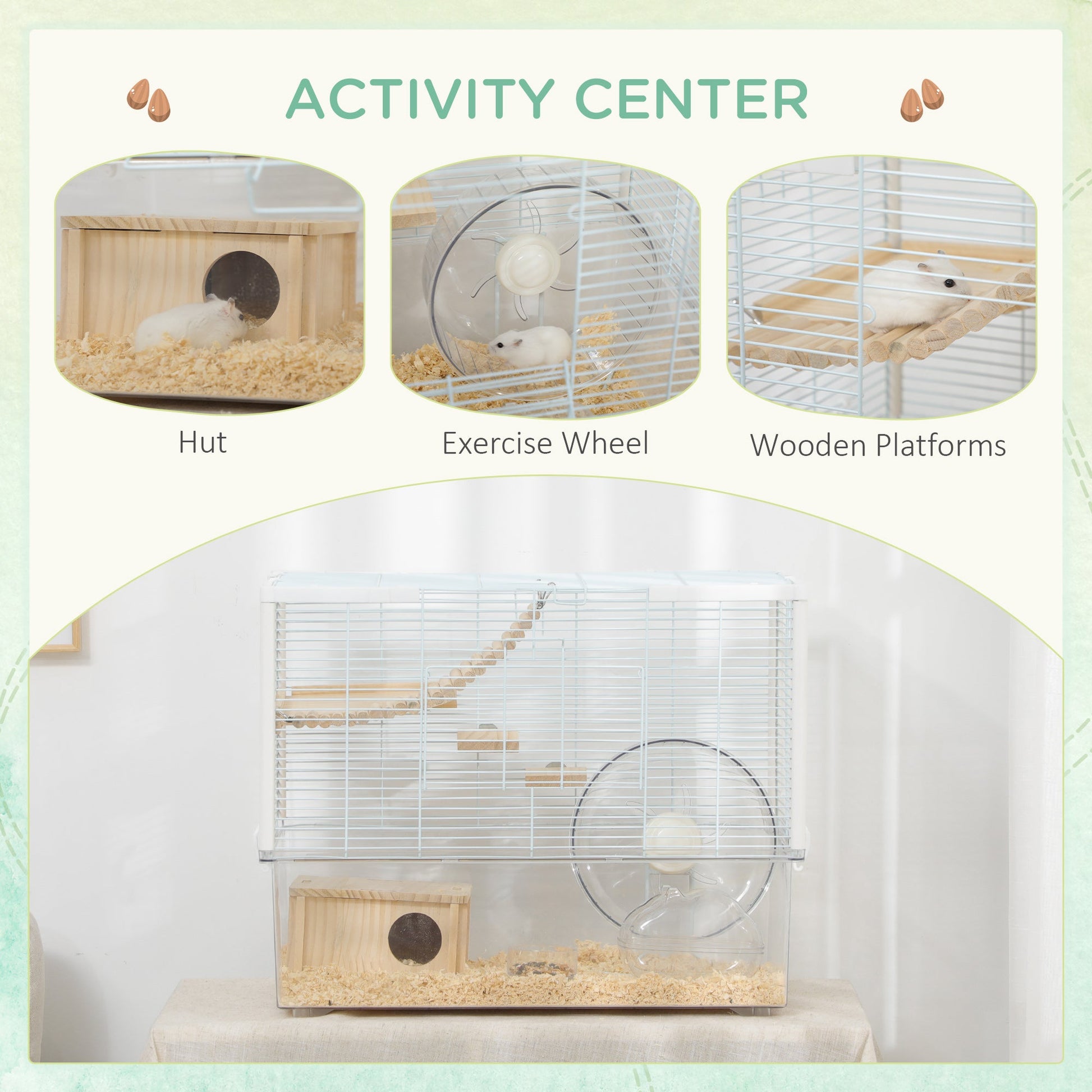 Hamster Cage, Transparent Small Animal House with Deep Bottom, Wooden Ramp, Hut, Bathroom and Exercise Wheel for Hamster and Gerbil, 23.2" L x 14" W x 18.5" H, White
