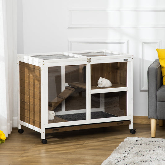 Indoor Rabbit Hutch with Wheels, Bunny Cage Guinea Pig House Small Animals Habitat W/ Top Access, Ramp, Pull Out Tray, Brown