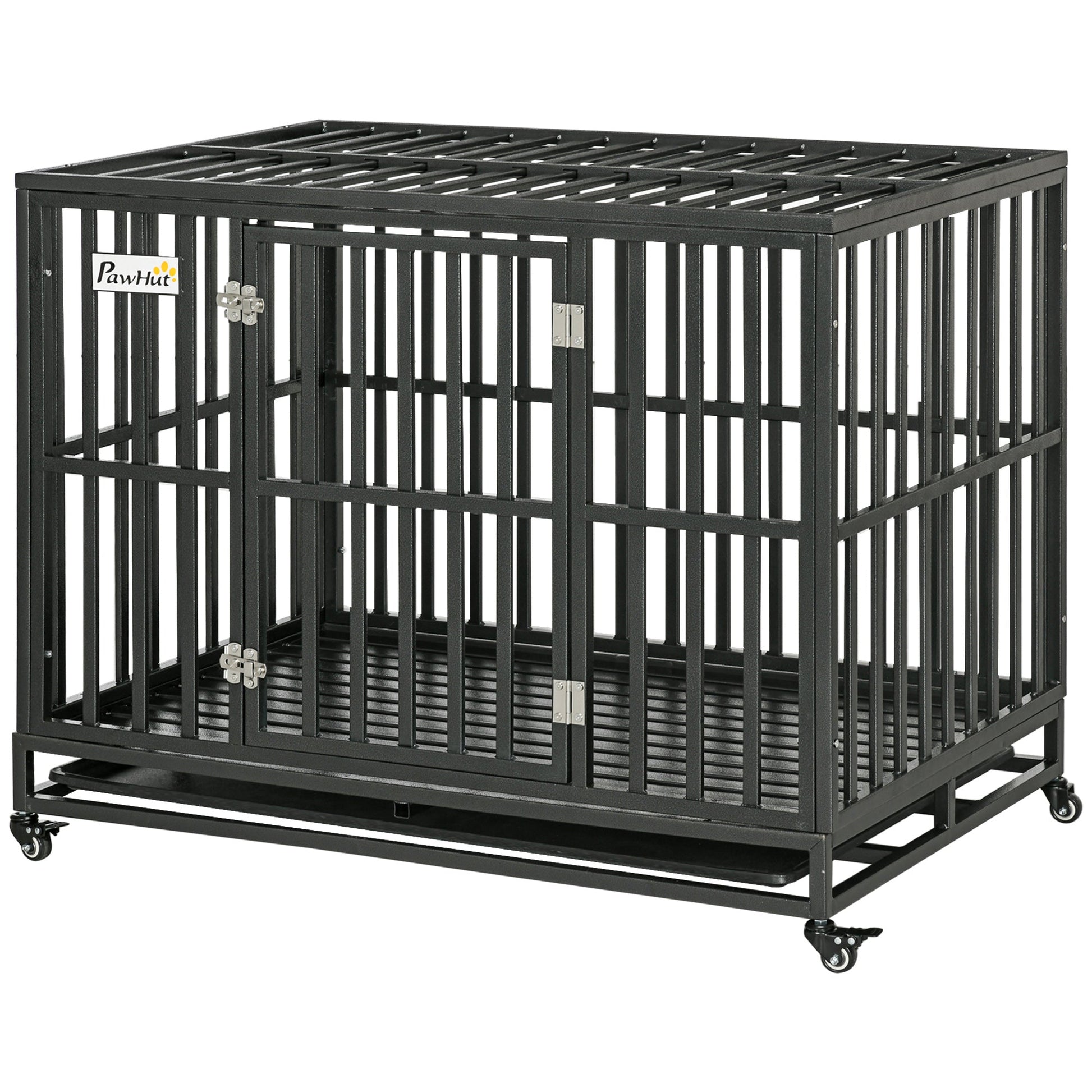 Heavy Duty Steel Dog Crate Kennel Pet Cage with Wheels for Portability and a Door for Convenient Access Anti-Pinching Floor, 43.7" L x 28.7" W x 34.6"H, Black