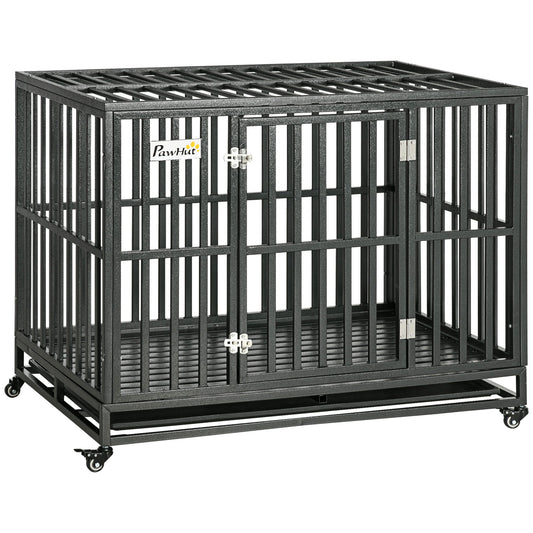 Heavy Duty Steel Dog Crate Kennel Pet Cage with Wheels for Portability and a Door for Convenient Access Anti-Pinching Floor, 43.7" L x 28.7" W x 34.6"H, Black