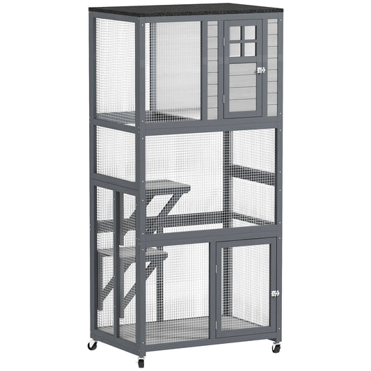 74"H Wooden Catio Cat Enclosure, Indoor Outdoor Kitten House with Weatherproof Asphalt Roof & Brake Wheels, Luxury Kitten Condo Cage for Multiple Cats, Light Grey