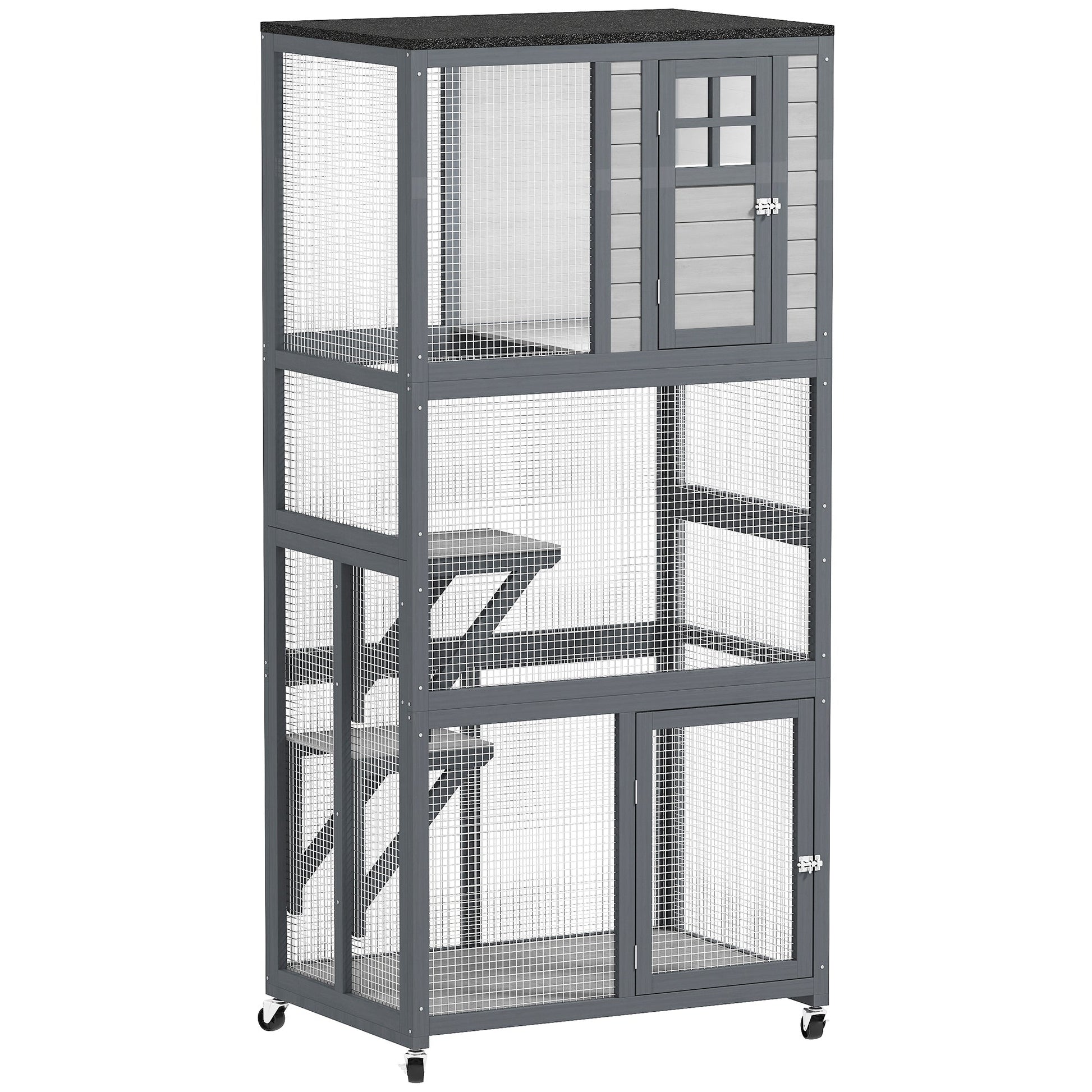 74"H Wooden Catio Cat Enclosure, Indoor Outdoor Kitten House with Weatherproof Asphalt Roof & Brake Wheels, Luxury Kitten Condo Cage for Multiple Cats, Light Grey