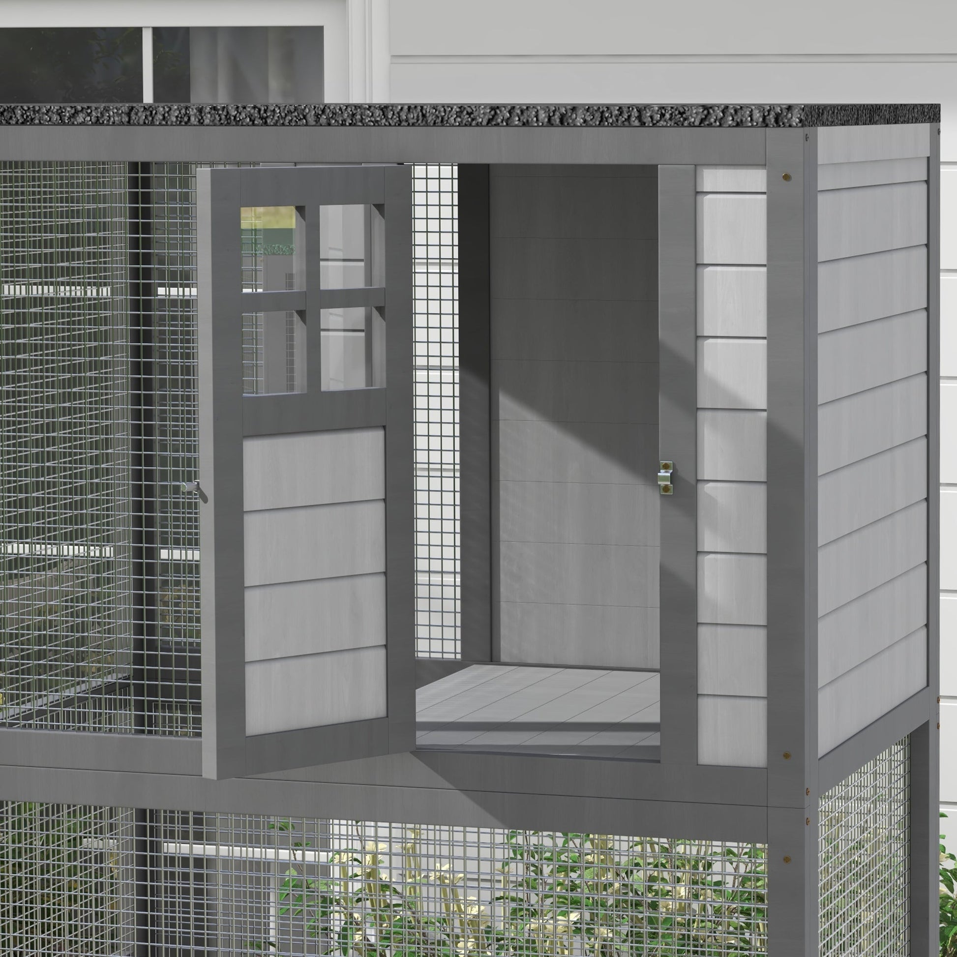 74"H Wooden Catio Cat Enclosure, Indoor Outdoor Kitten House with Weatherproof Asphalt Roof & Brake Wheels, Luxury Kitten Condo Cage for Multiple Cats, Light Grey