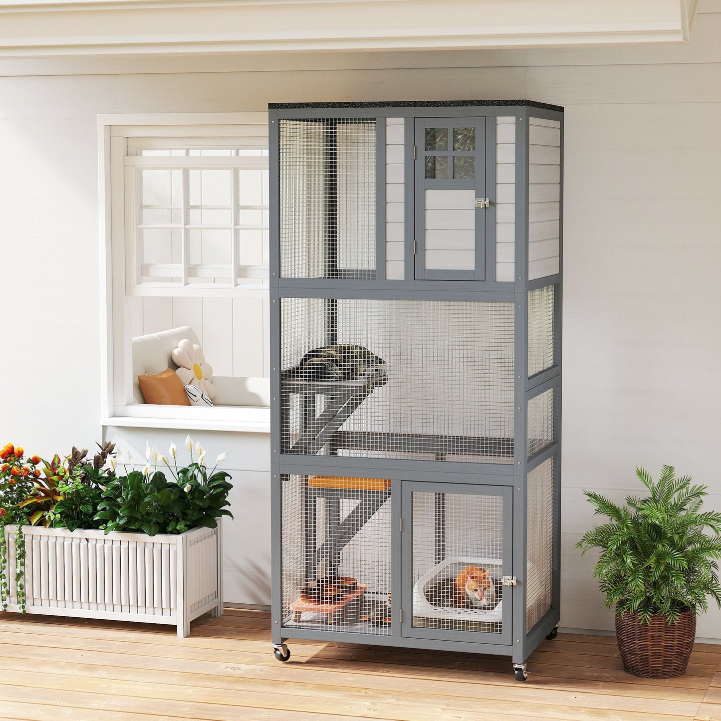 74"H Wooden Catio Cat Enclosure, Indoor Outdoor Kitten House with Weatherproof Asphalt Roof & Brake Wheels, Luxury Kitten Condo Cage for Multiple Cats, Light Grey