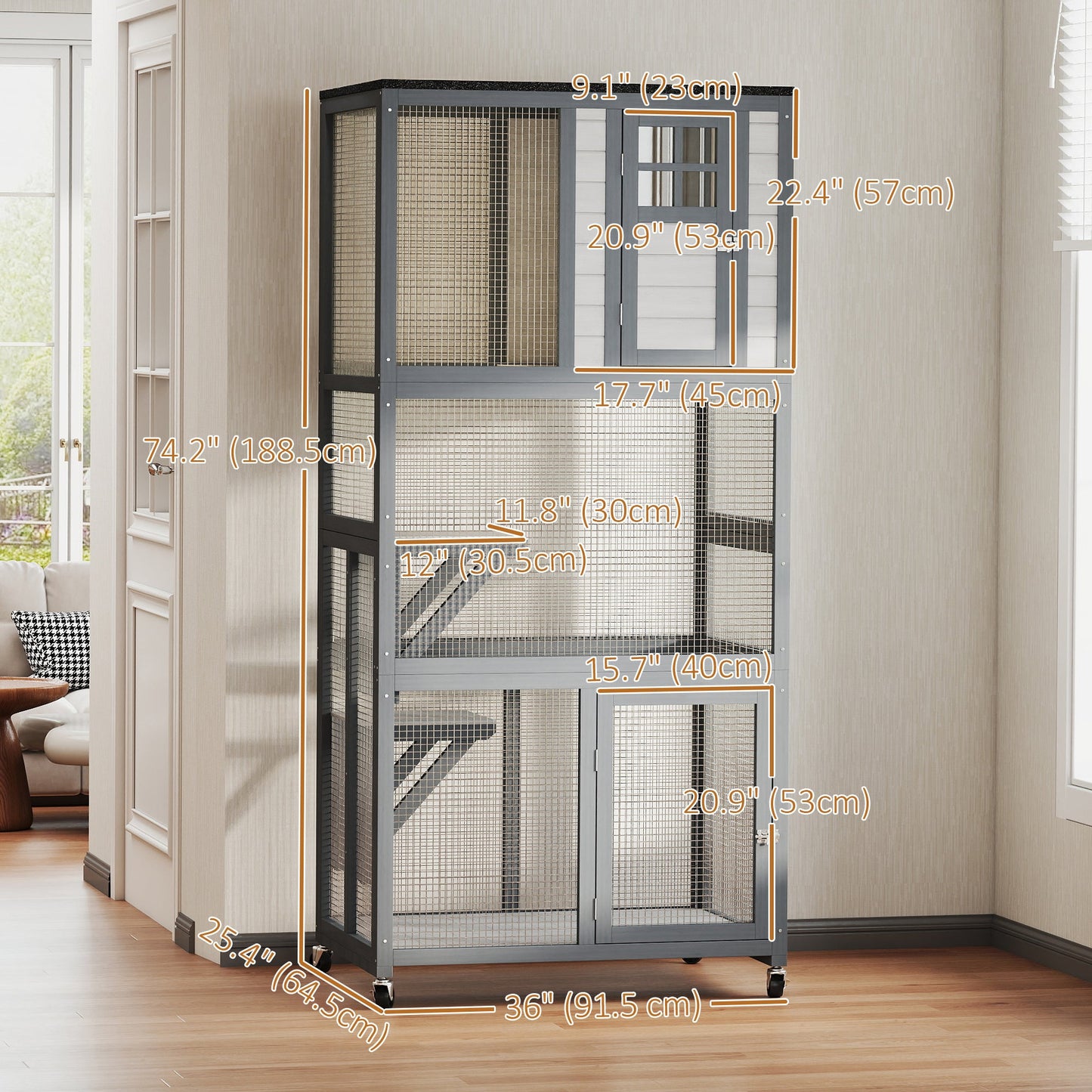 74"H Wooden Catio Cat Enclosure, Indoor Outdoor Kitten House with Weatherproof Asphalt Roof & Brake Wheels, Luxury Kitten Condo Cage for Multiple Cats, Light Grey