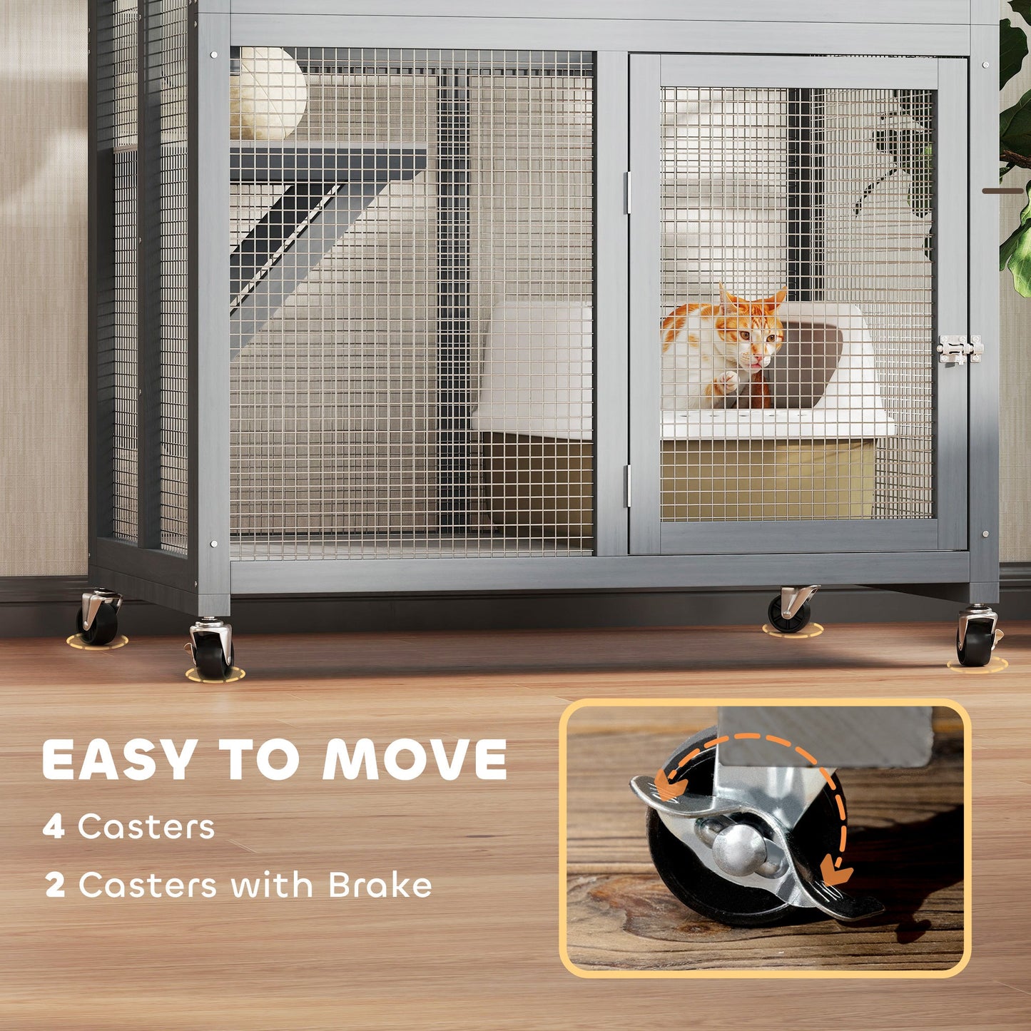 74"H Wooden Catio Cat Enclosure, Indoor Outdoor Kitten House with Weatherproof Asphalt Roof & Brake Wheels, Luxury Kitten Condo Cage for Multiple Cats, Light Grey