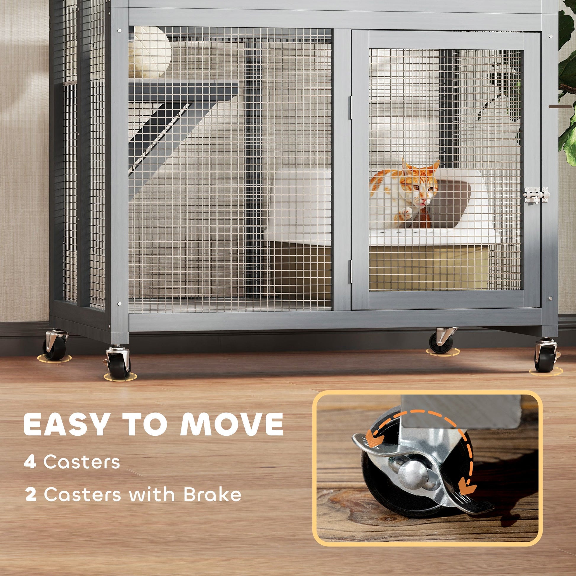 74"H Wooden Catio Cat Enclosure, Indoor Outdoor Kitten House with Weatherproof Asphalt Roof & Brake Wheels, Luxury Kitten Condo Cage for Multiple Cats, Light Grey