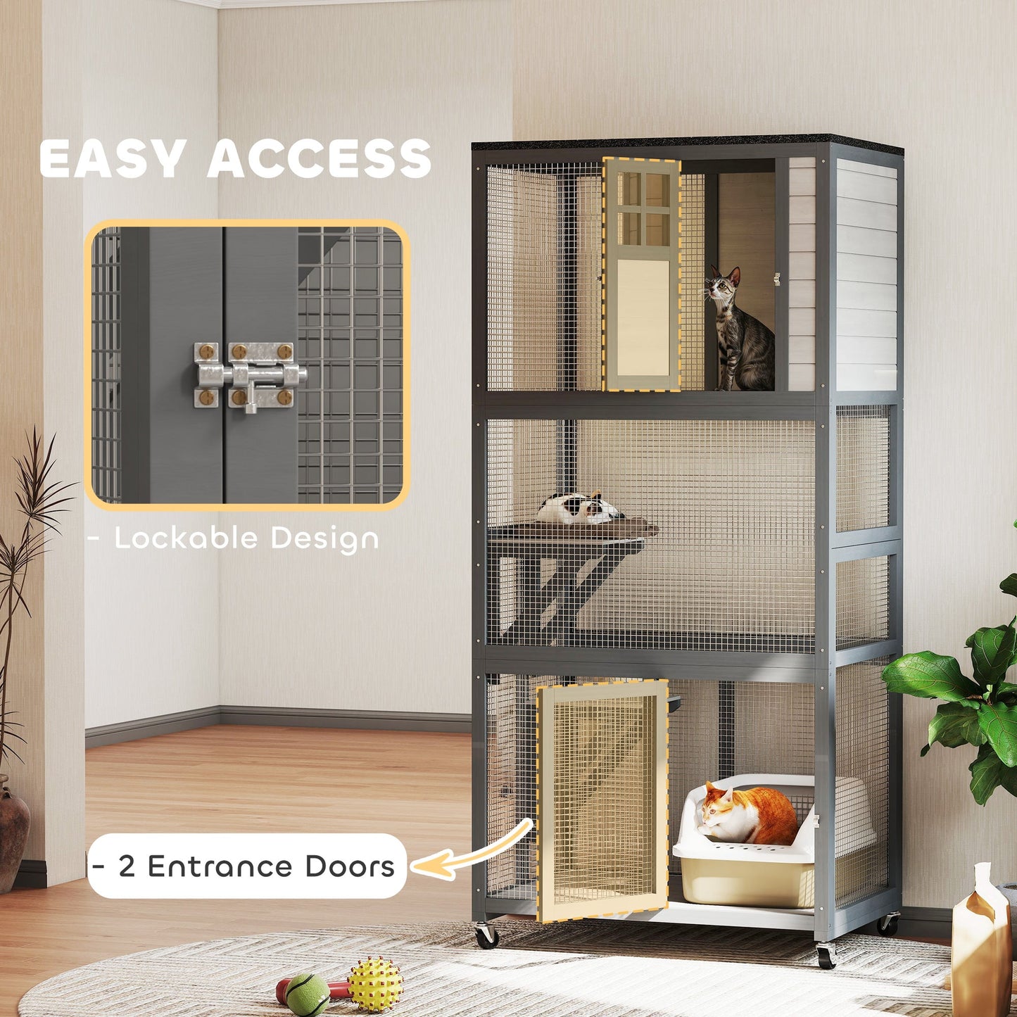 74"H Wooden Catio Cat Enclosure, Indoor Outdoor Kitten House with Weatherproof Asphalt Roof & Brake Wheels, Luxury Kitten Condo Cage for Multiple Cats, Light Grey