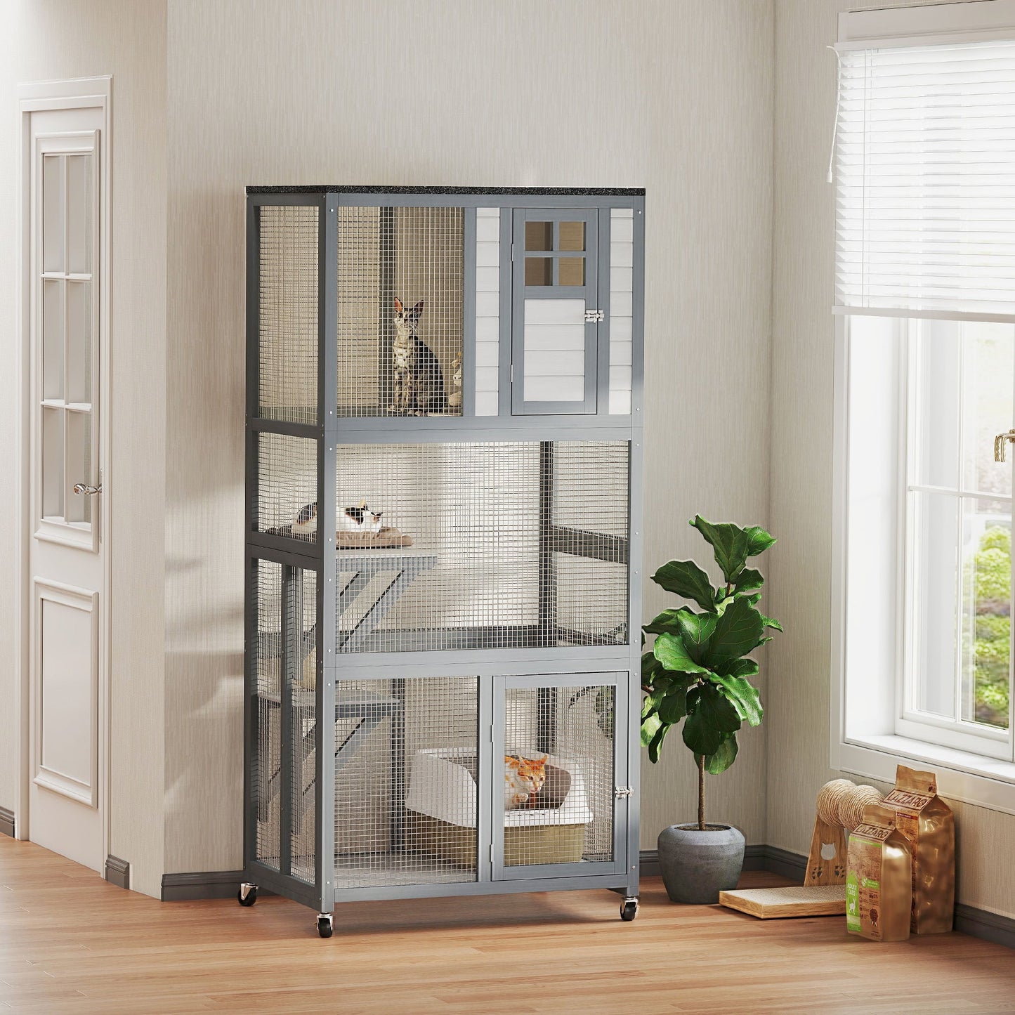 74"H Wooden Catio Cat Enclosure, Indoor Outdoor Kitten House with Weatherproof Asphalt Roof & Brake Wheels, Luxury Kitten Condo Cage for Multiple Cats, Light Grey