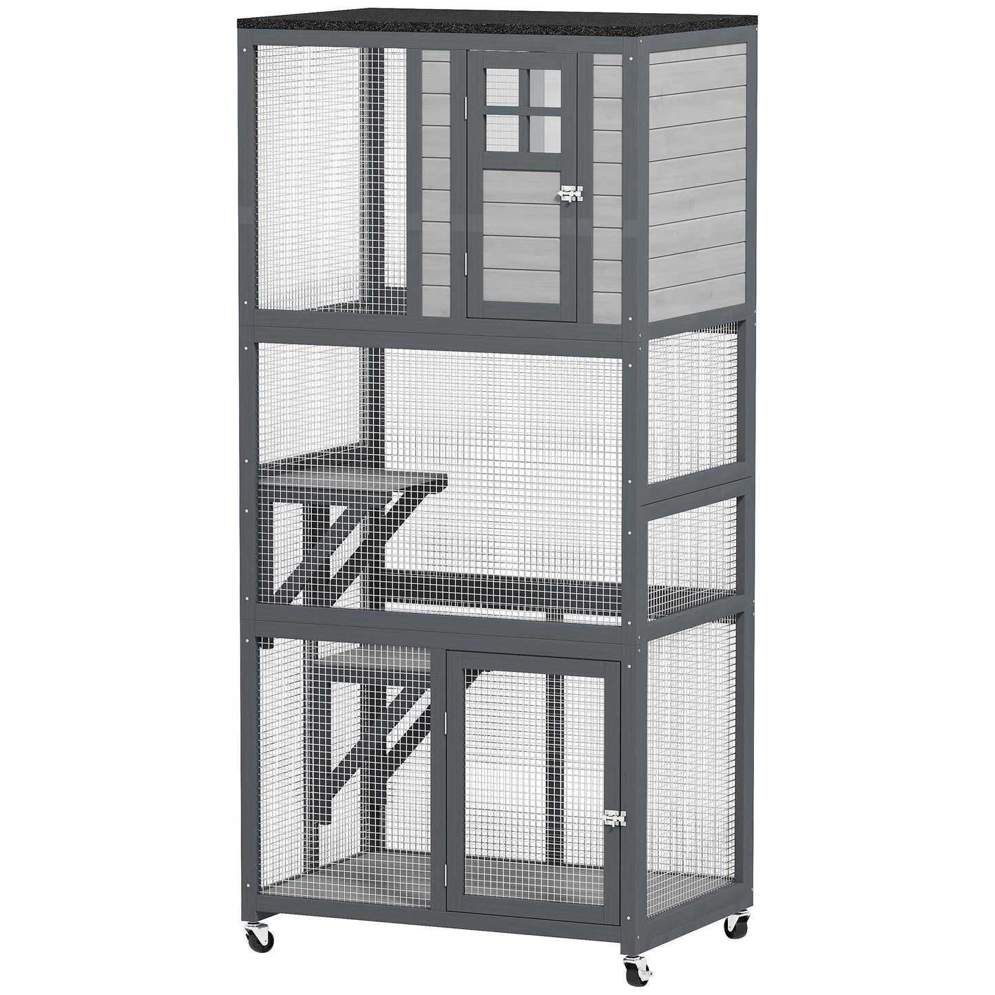 74"H Wooden Catio Cat Enclosure, Indoor Outdoor Kitten House with Weatherproof Asphalt Roof & Brake Wheels, Luxury Kitten Condo Cage for Multiple Cats, Light Grey