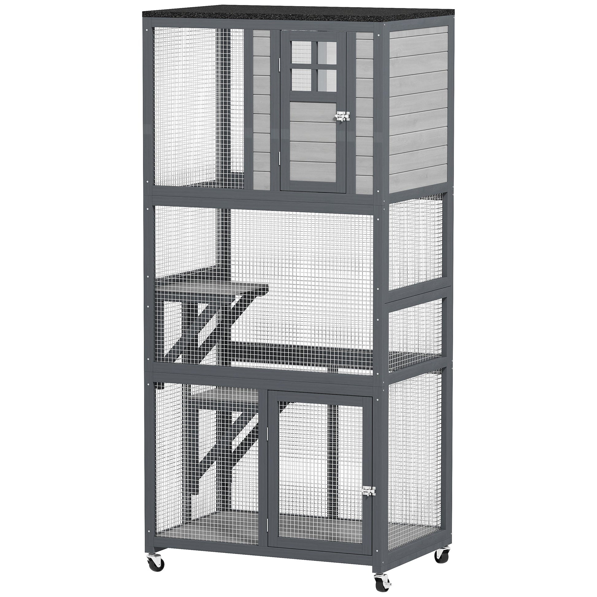 74"H Wooden Catio Cat Enclosure, Indoor Outdoor Kitten House with Weatherproof Asphalt Roof & Brake Wheels, Luxury Kitten Condo Cage for Multiple Cats, Light Grey