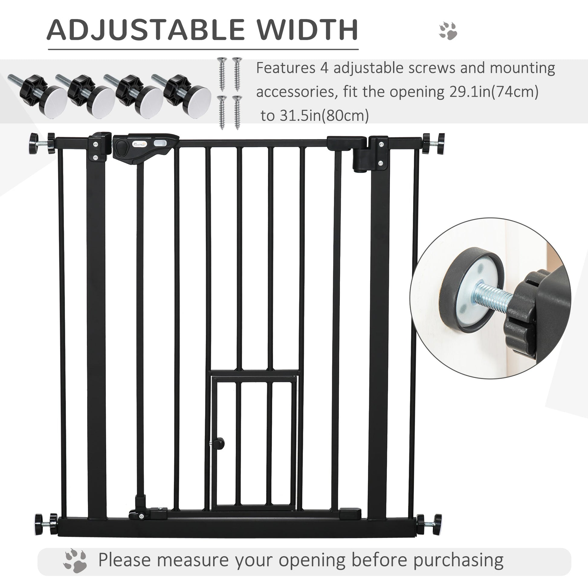 30"H Dog Gate with Cat Door, Pet Gate with Small Door, Easy Open Indoor Dog Gates for Doorways, House, Stair, 29"-32" Long, Black