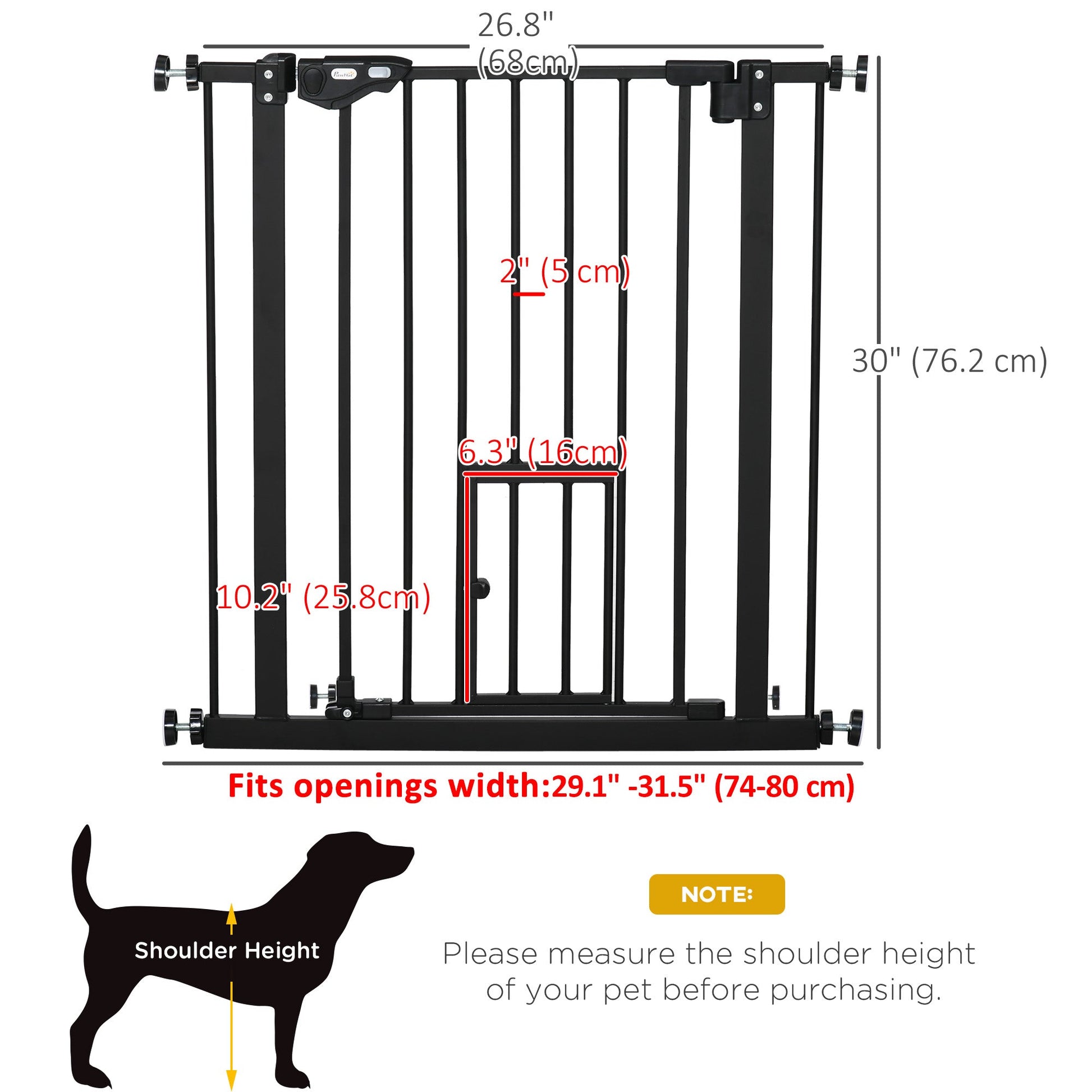 30"H Dog Gate with Cat Door, Pet Gate with Small Door, Easy Open Indoor Dog Gates for Doorways, House, Stair, 29"-32" Long, Black