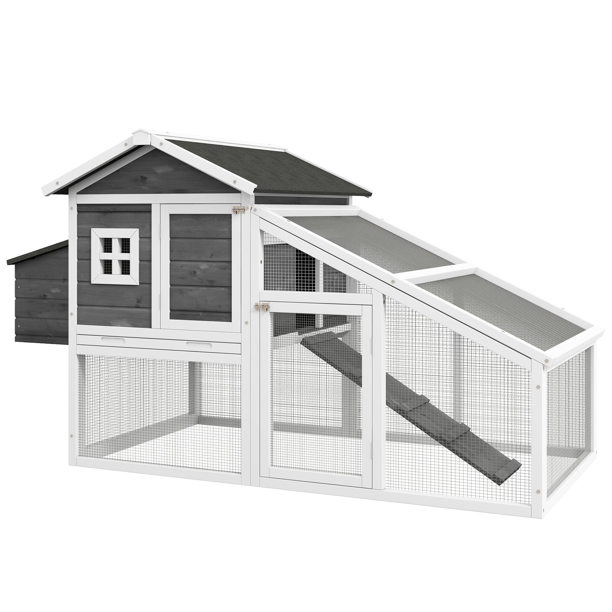 69" Chicken Coop Wooden Hen House Rabbit Hutch Poultry Cage Pen Outdoor Backyard with Outdoor Run Nesting Box Removable Tray Waterproof Asphalt Roof Lockable Door Grey