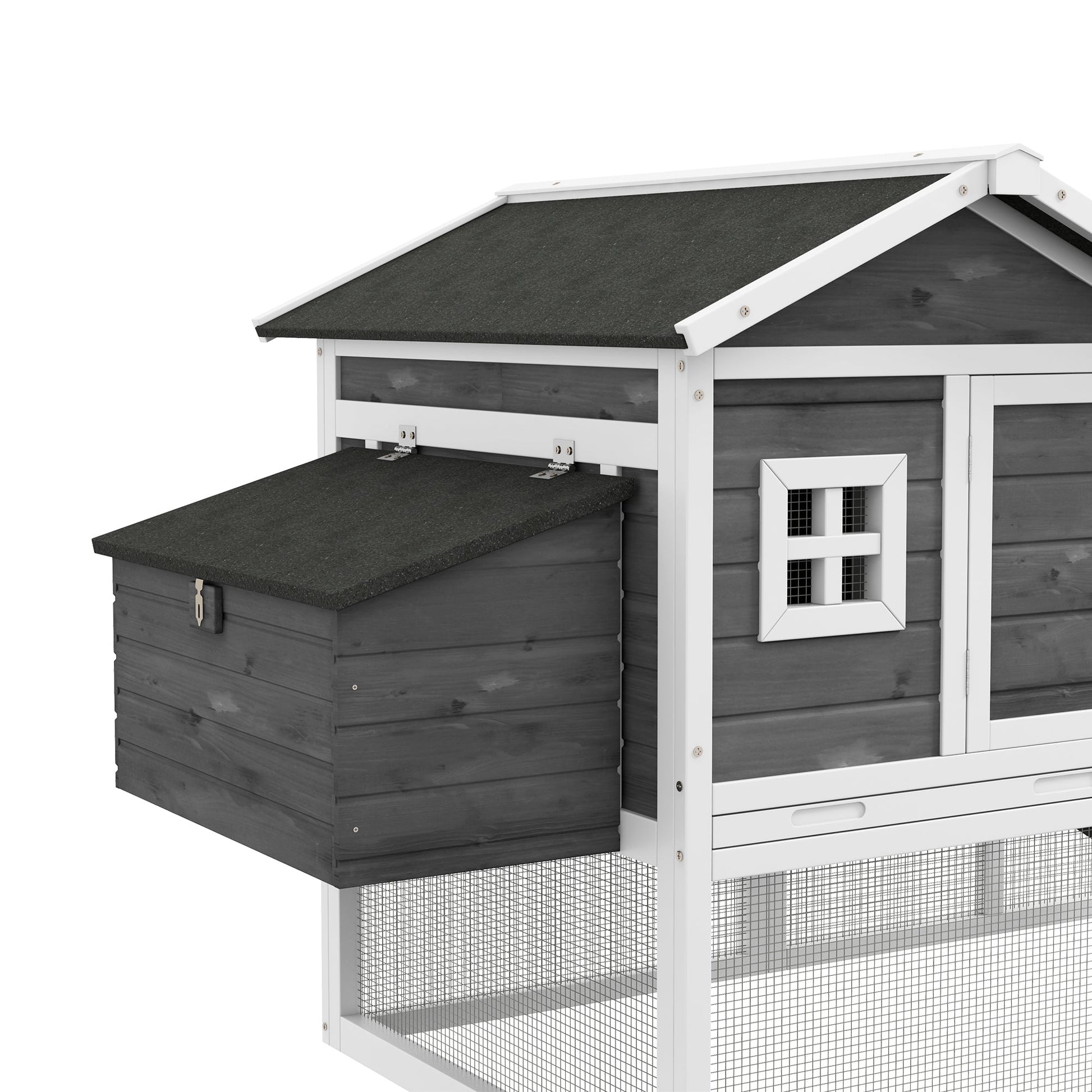 69" Chicken Coop Wooden Hen House Rabbit Hutch Poultry Cage Pen Outdoor Backyard with Outdoor Run Nesting Box Removable Tray Waterproof Asphalt Roof Lockable Door Grey