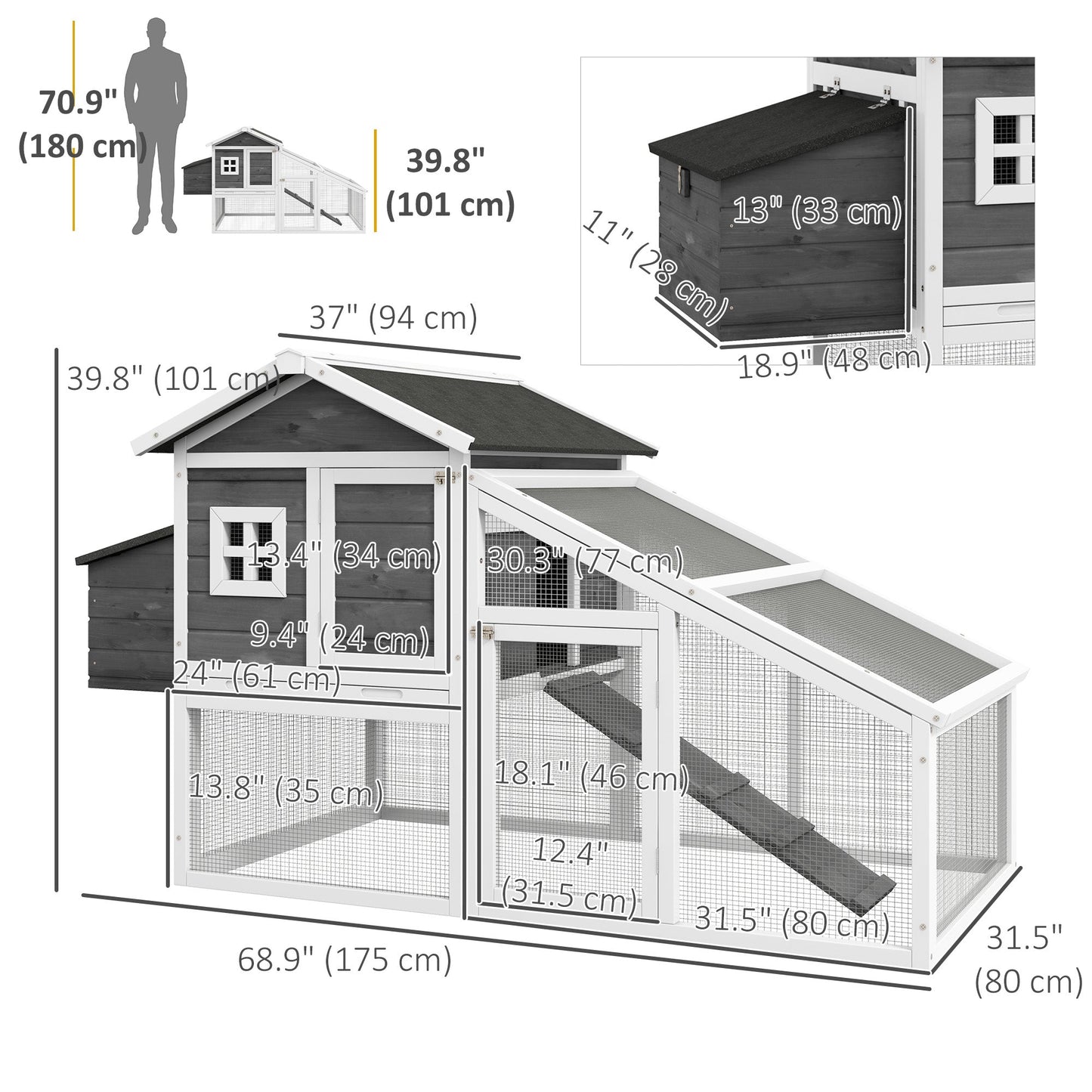 69" Chicken Coop Wooden Hen House Rabbit Hutch Poultry Cage Pen Outdoor Backyard with Outdoor Run Nesting Box Removable Tray Waterproof Asphalt Roof Lockable Door Grey