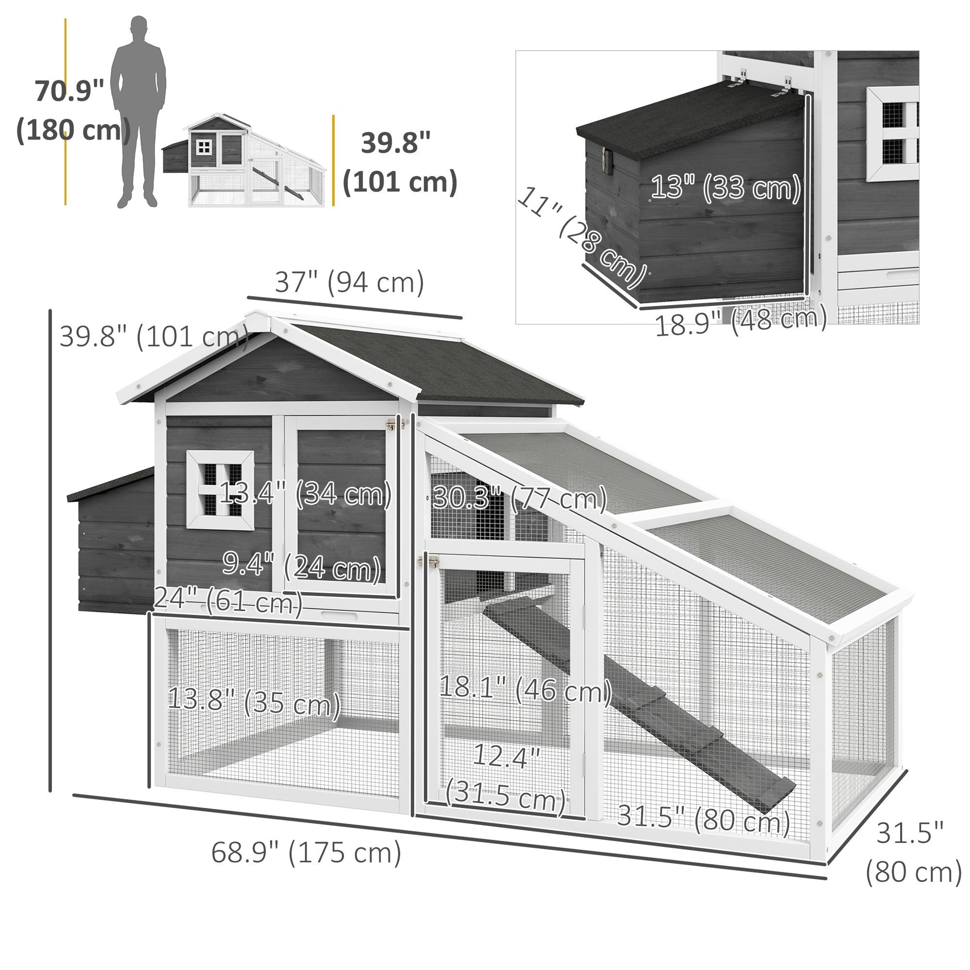 69" Chicken Coop Wooden Hen House Rabbit Hutch Poultry Cage Pen Outdoor Backyard with Outdoor Run Nesting Box Removable Tray Waterproof Asphalt Roof Lockable Door Grey